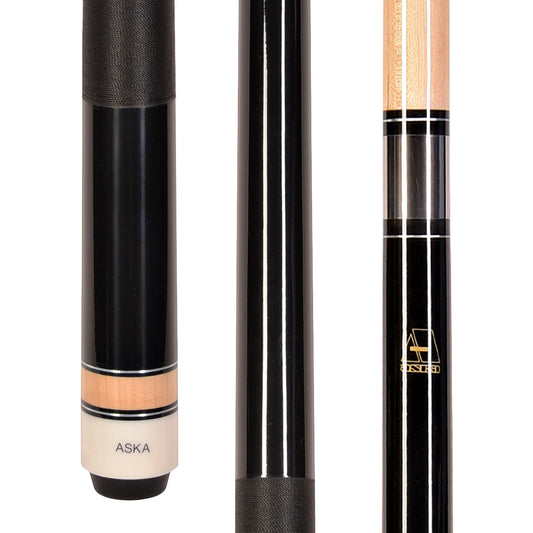 ASKA Black Pool Cue Stick with Black Nylon Wrap and Maple Accent Ring. L2BLK