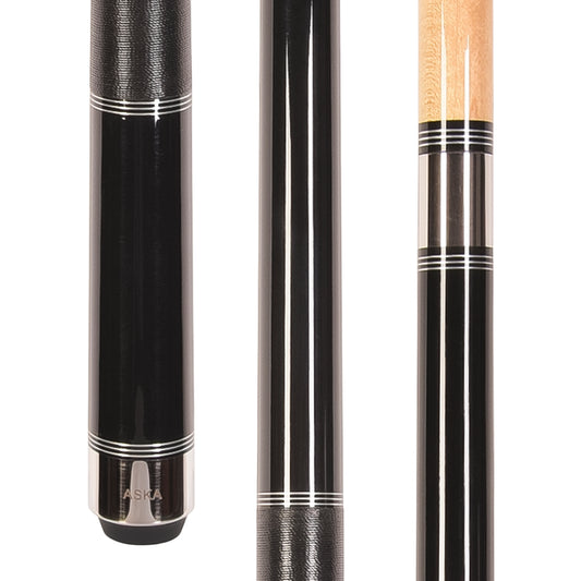 ASKA Pool Cue Stick TR Black, Maple Shaft, 5/16x18 Metal Joint, Black Irish Linen, Triple Rings, 12.75mm Tip, TRBLK