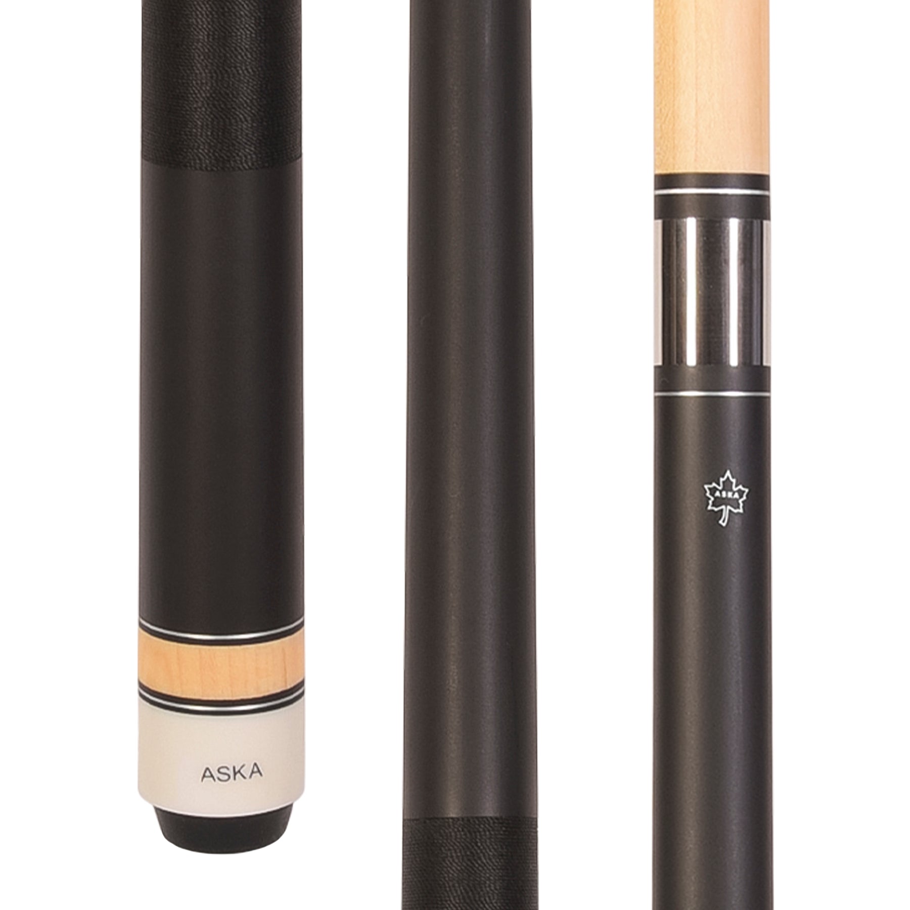 ASKA Matte Black Pro pool cue showing butt end and shaft connection. L2MBLK