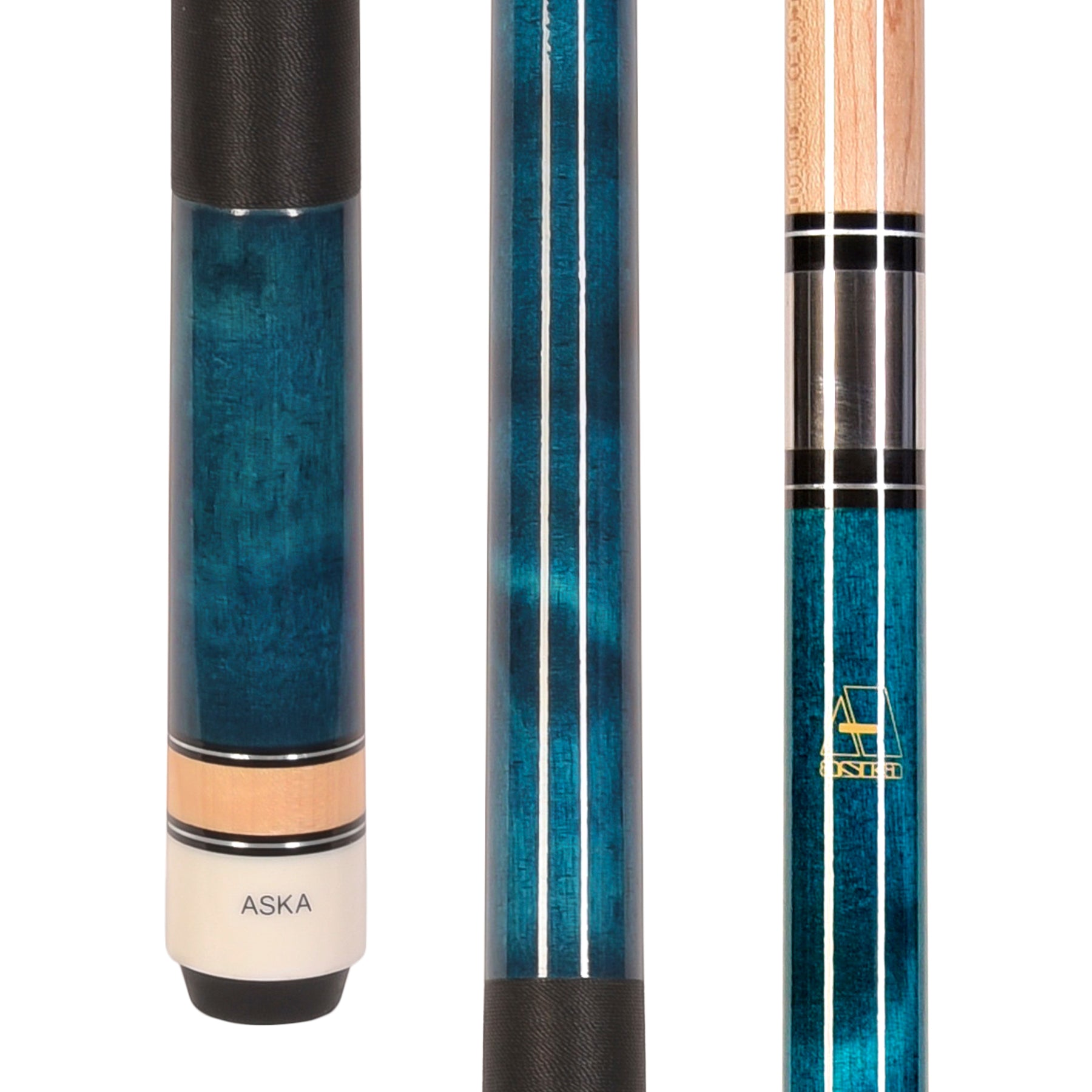 ASKA Blue Pool Cue Stick L2BLU close-up views of butt and shaft sections.