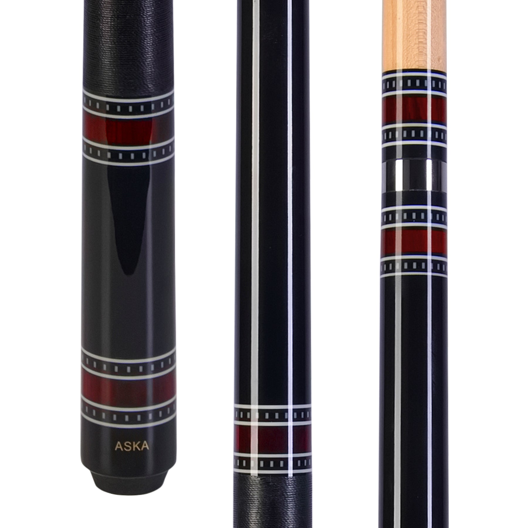 Close-up view of the pool cue's butt with red and white rings.