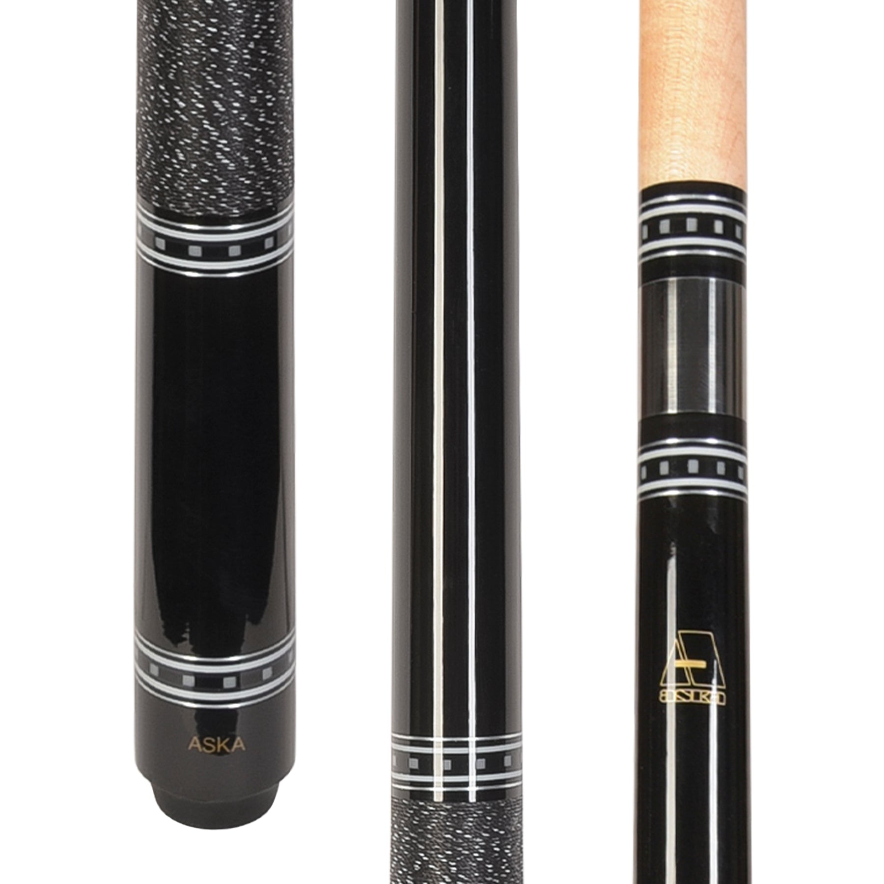 Close-up of cue butt with grip and silver rings