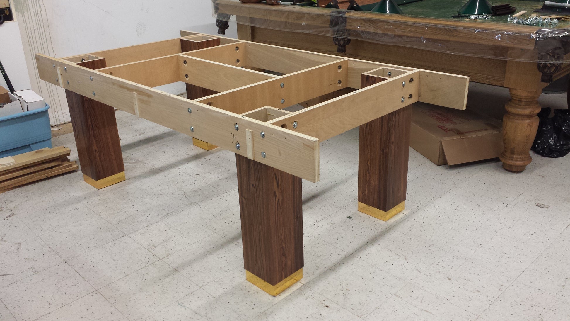 Underside interior framing and support structure during assembly