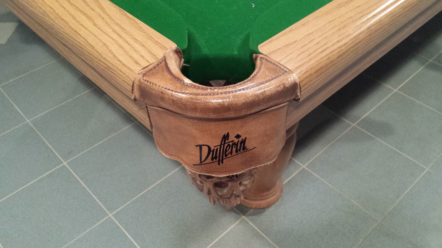 Overhead corner pocket detail with Dufferin branding on cushion