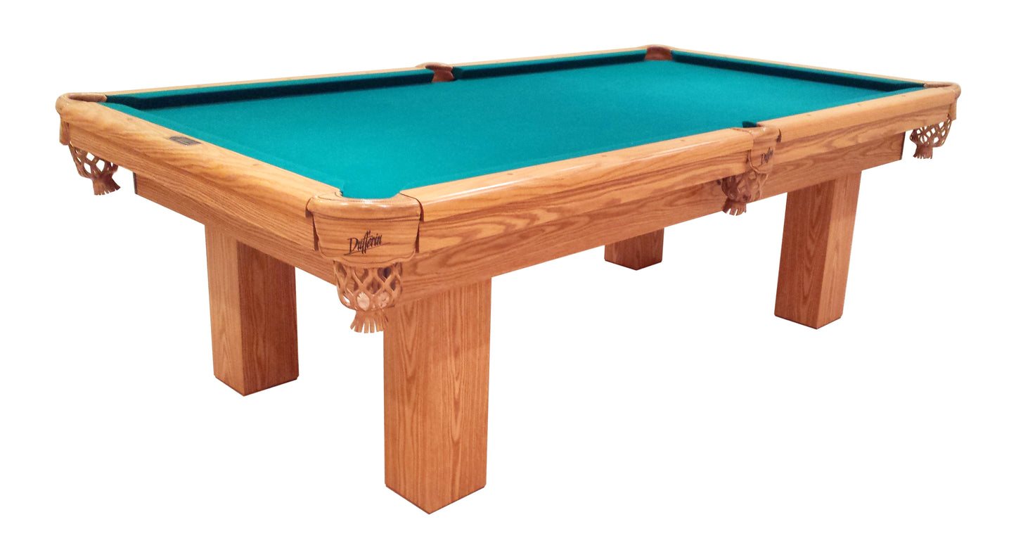 Full front view of assembled billiard table with teal playing surface