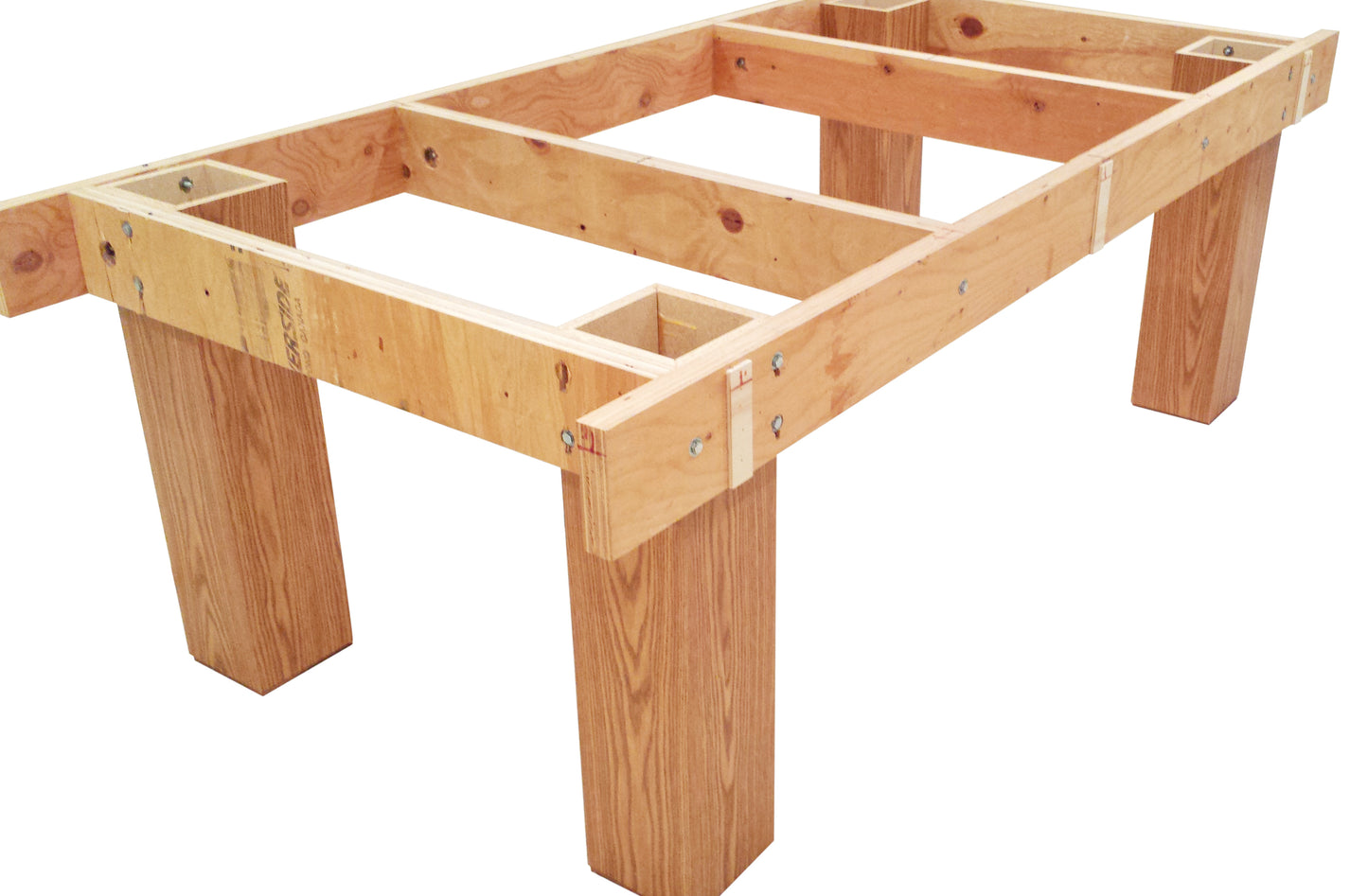 Bare wooden frame construction showing assembly and support beam layout