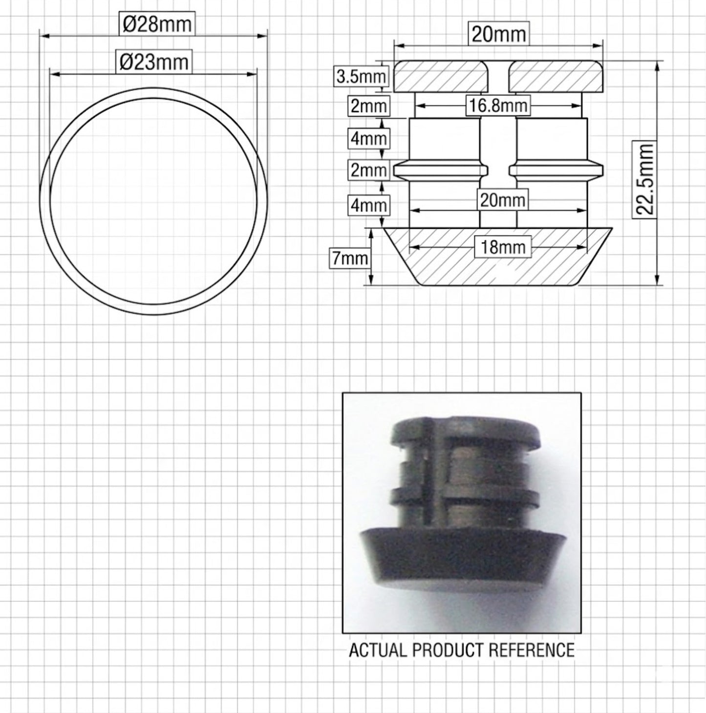 Infographic showing dimensions of 20mm black pool cue bumper