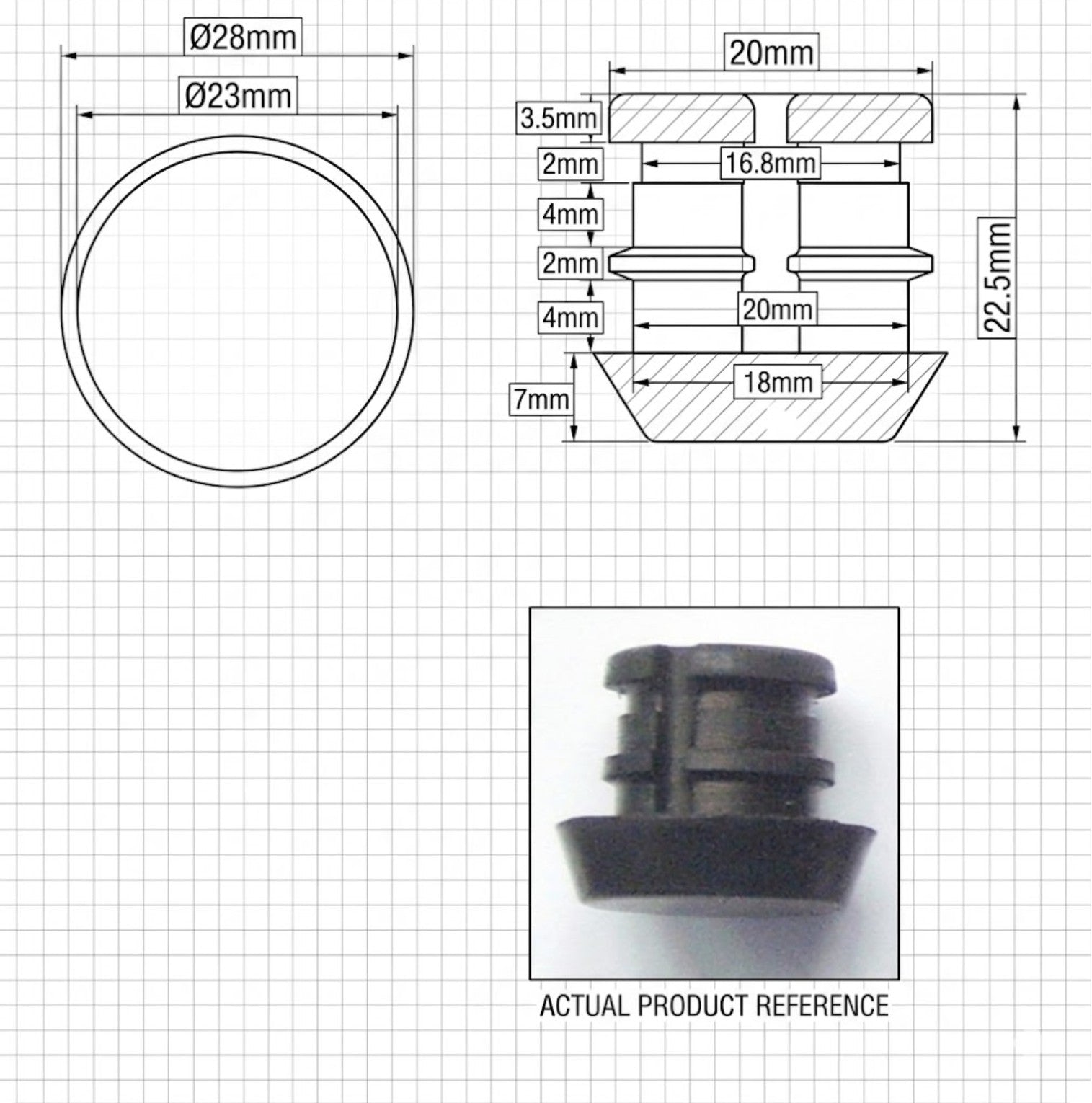 Infographic showing dimensions of 20mm black pool cue bumper