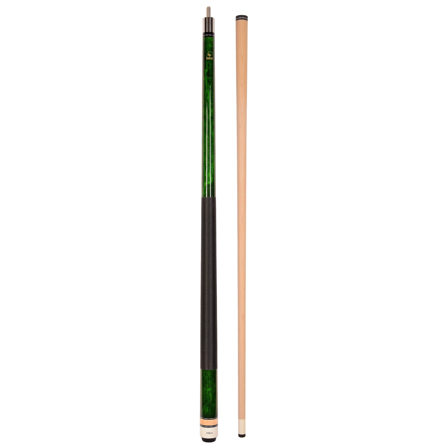 Full view of pool cue stick with separate shaft, showing green finish.