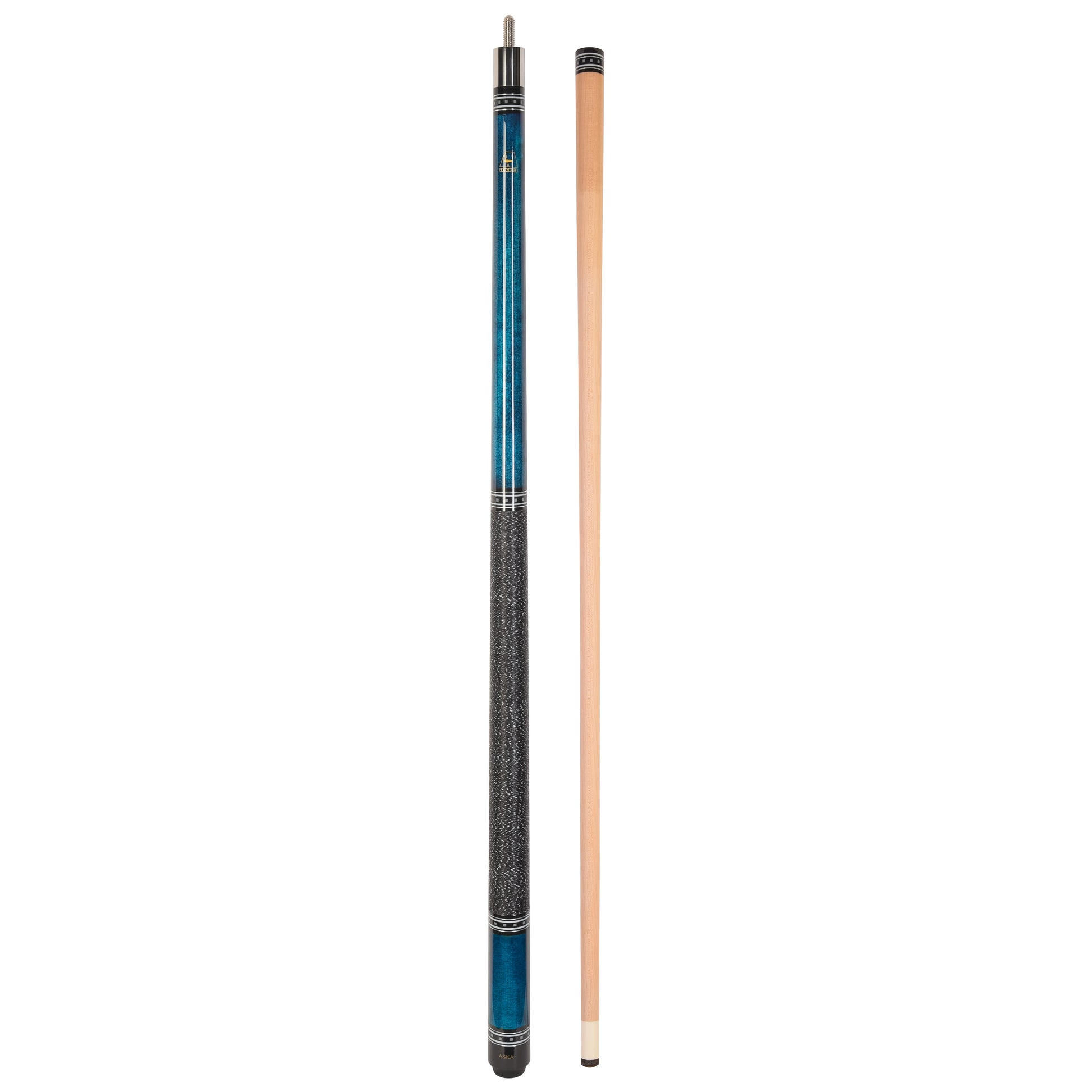 Pool cue with blue accents and separate cue shaft.