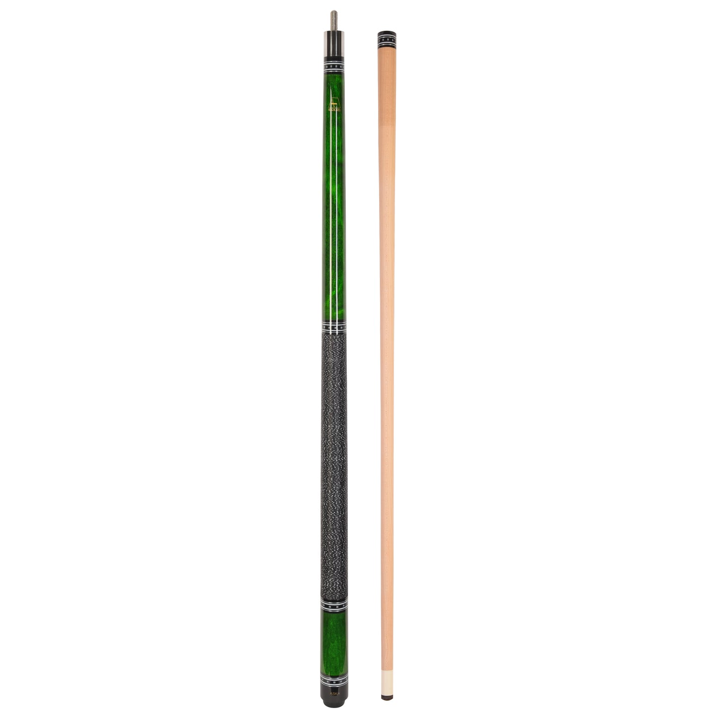 Cue with green accents alongside a separate cue shaft.