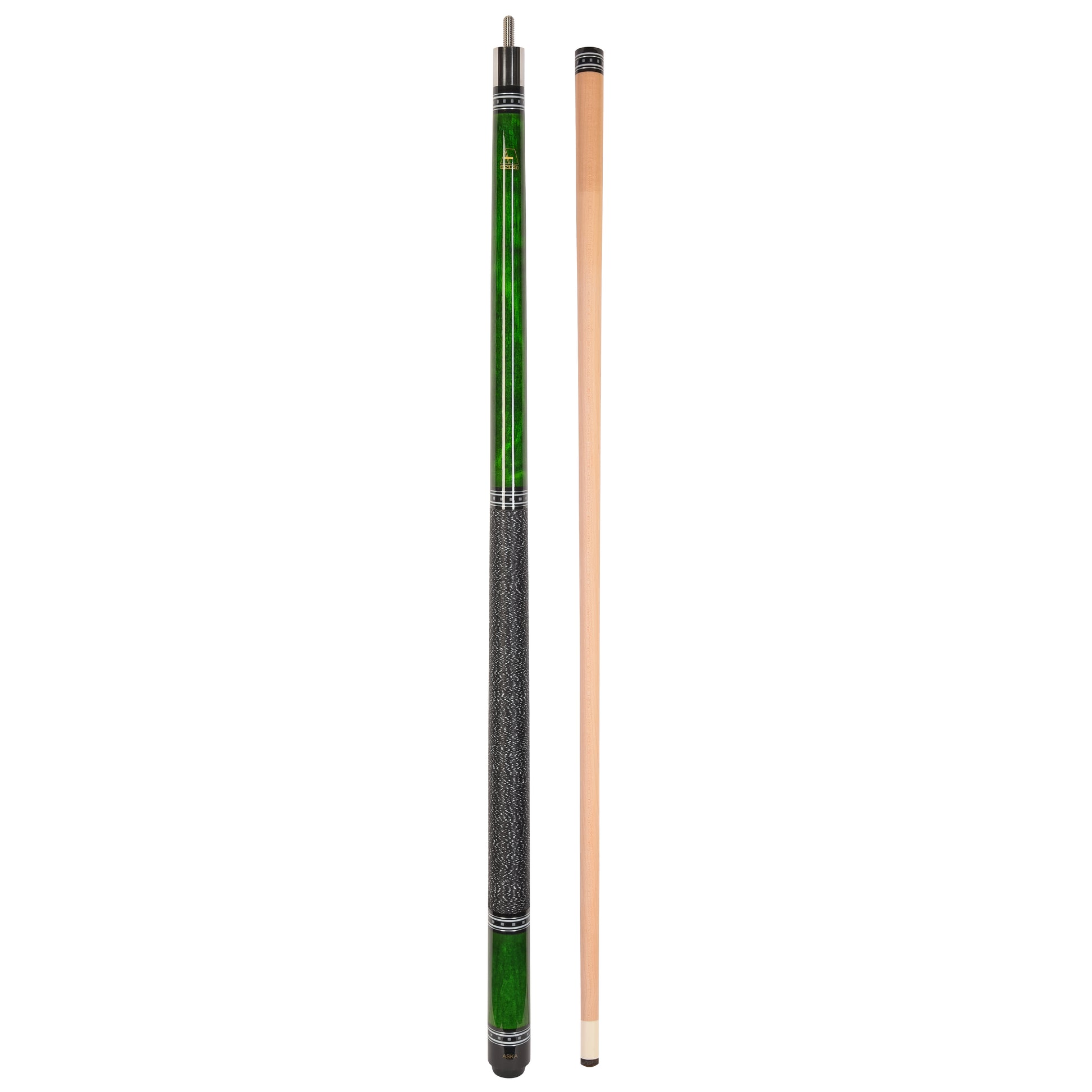 Cue with green accents alongside a separate cue shaft.