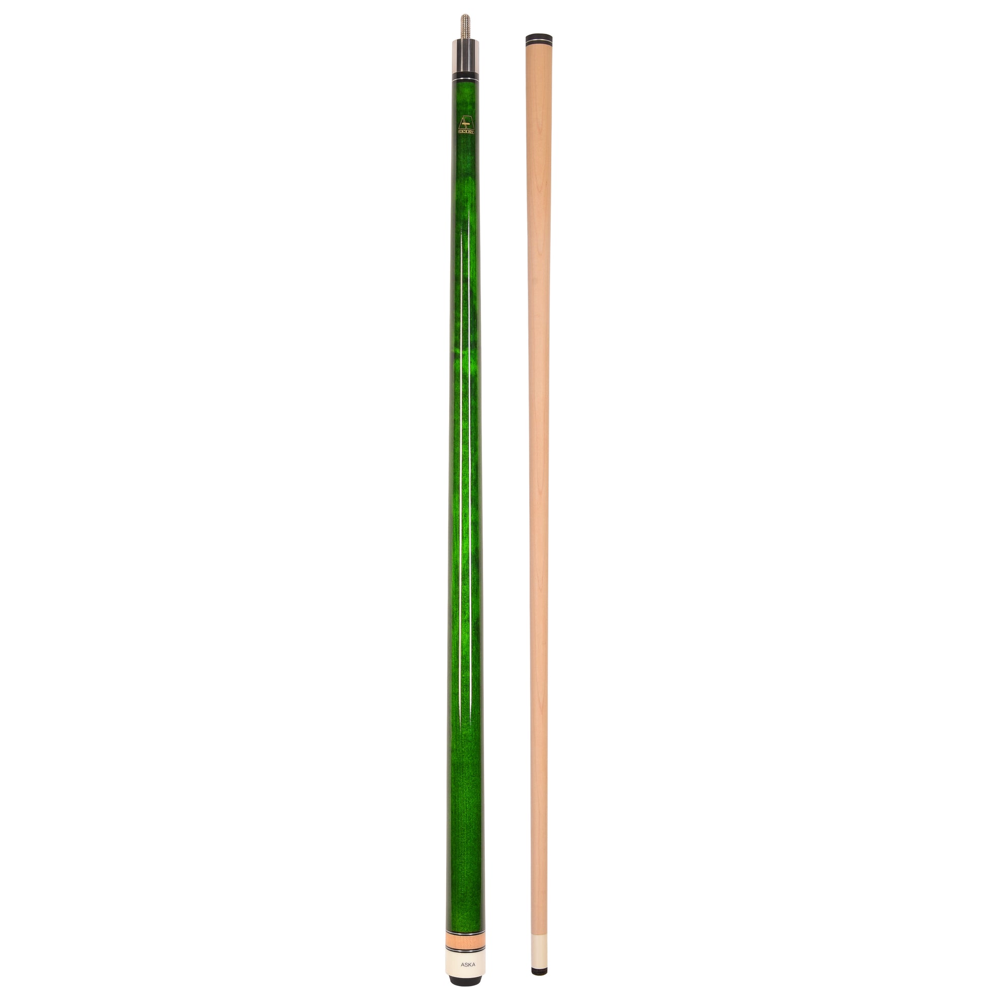 Two-piece pool cue stick and separate shaft with green butt.