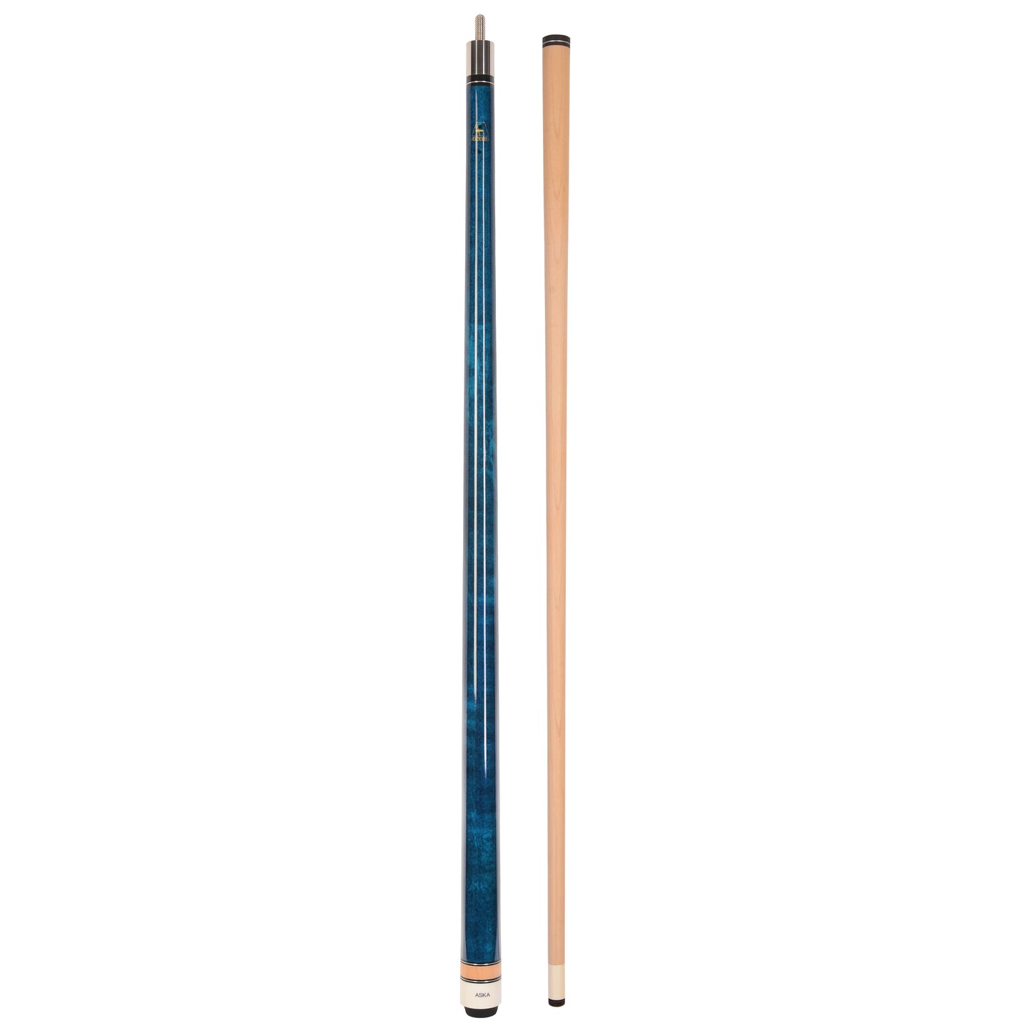 Full view of blue cue stick with separate cue shaft