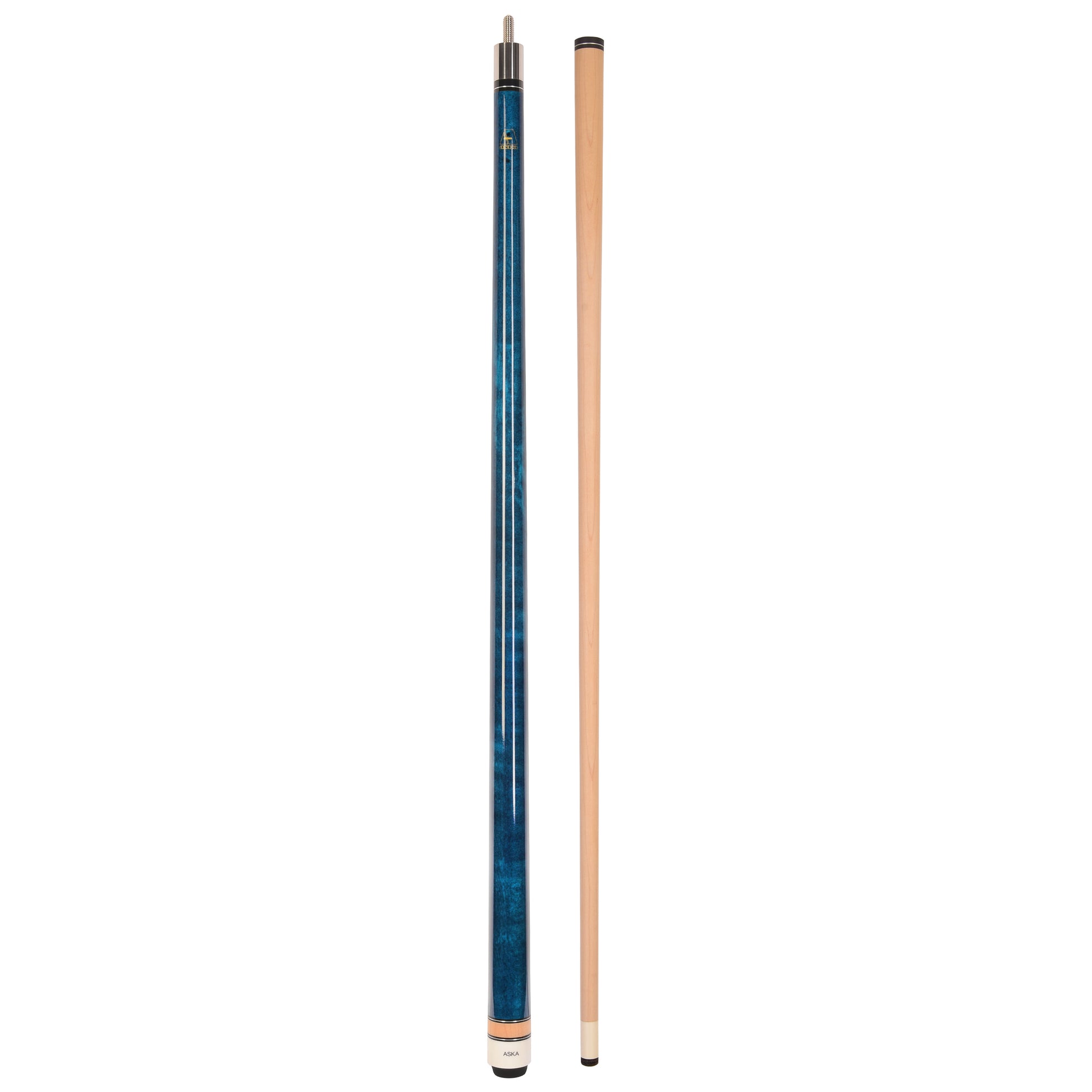 Full view of blue cue stick with separate cue shaft
