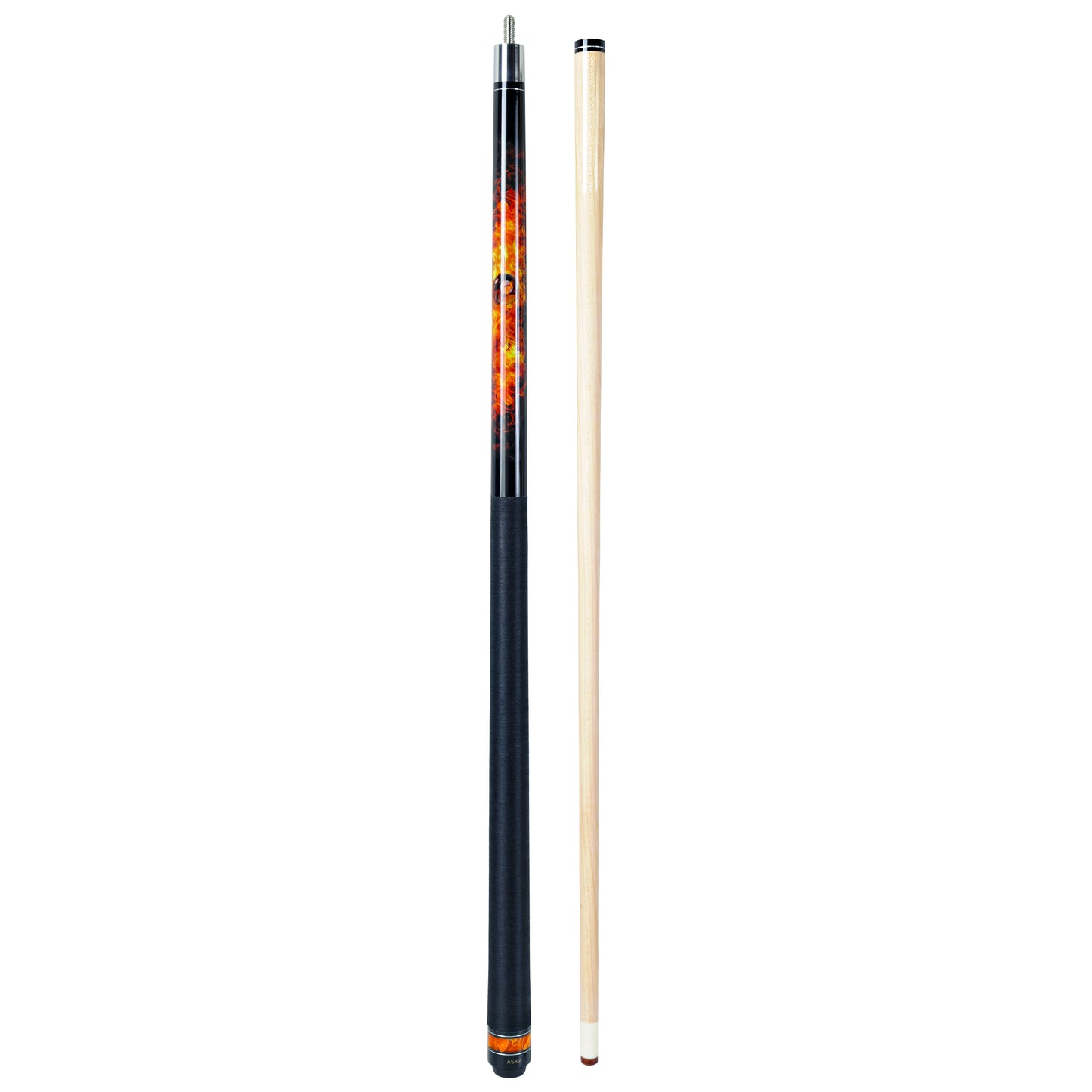 Billiard cue with fire graphic and separate shaft.