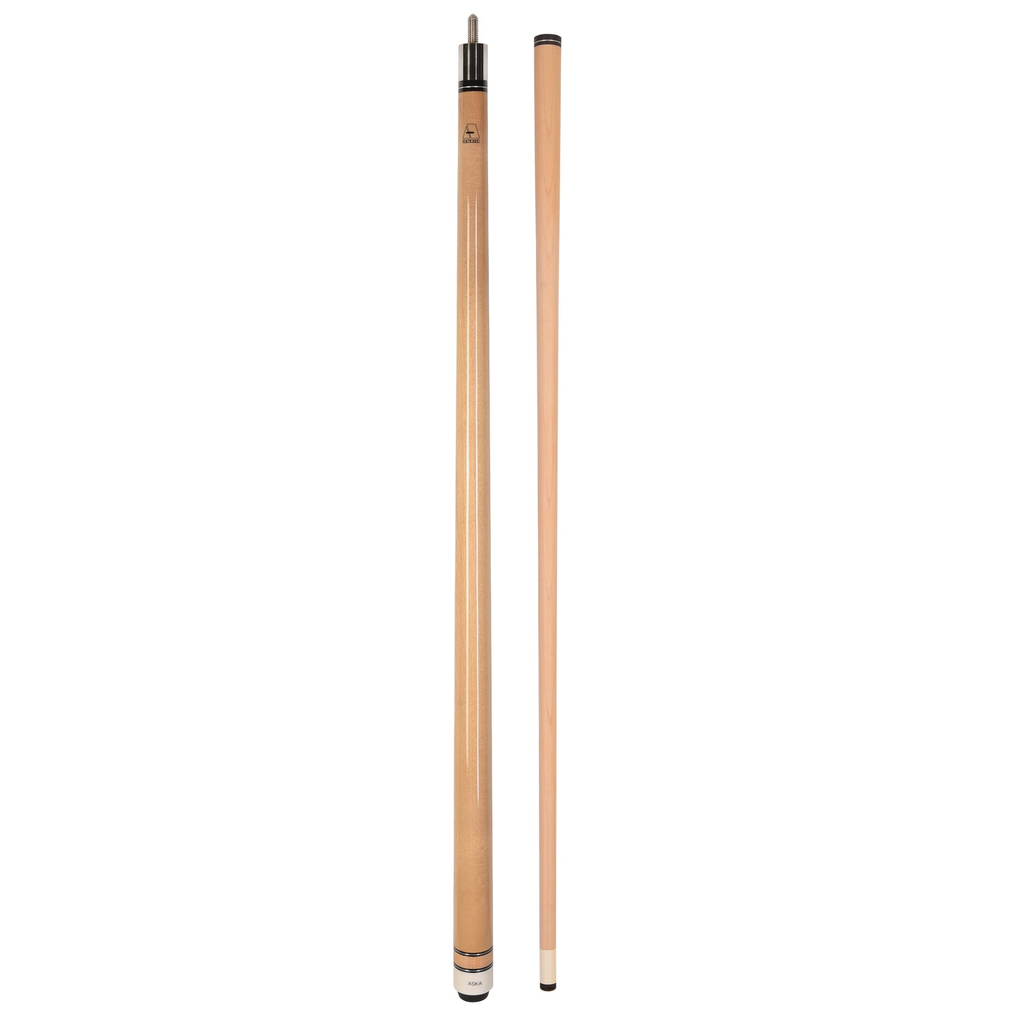 Full view of disassembled natural wood pool cue stick with shaft separated.