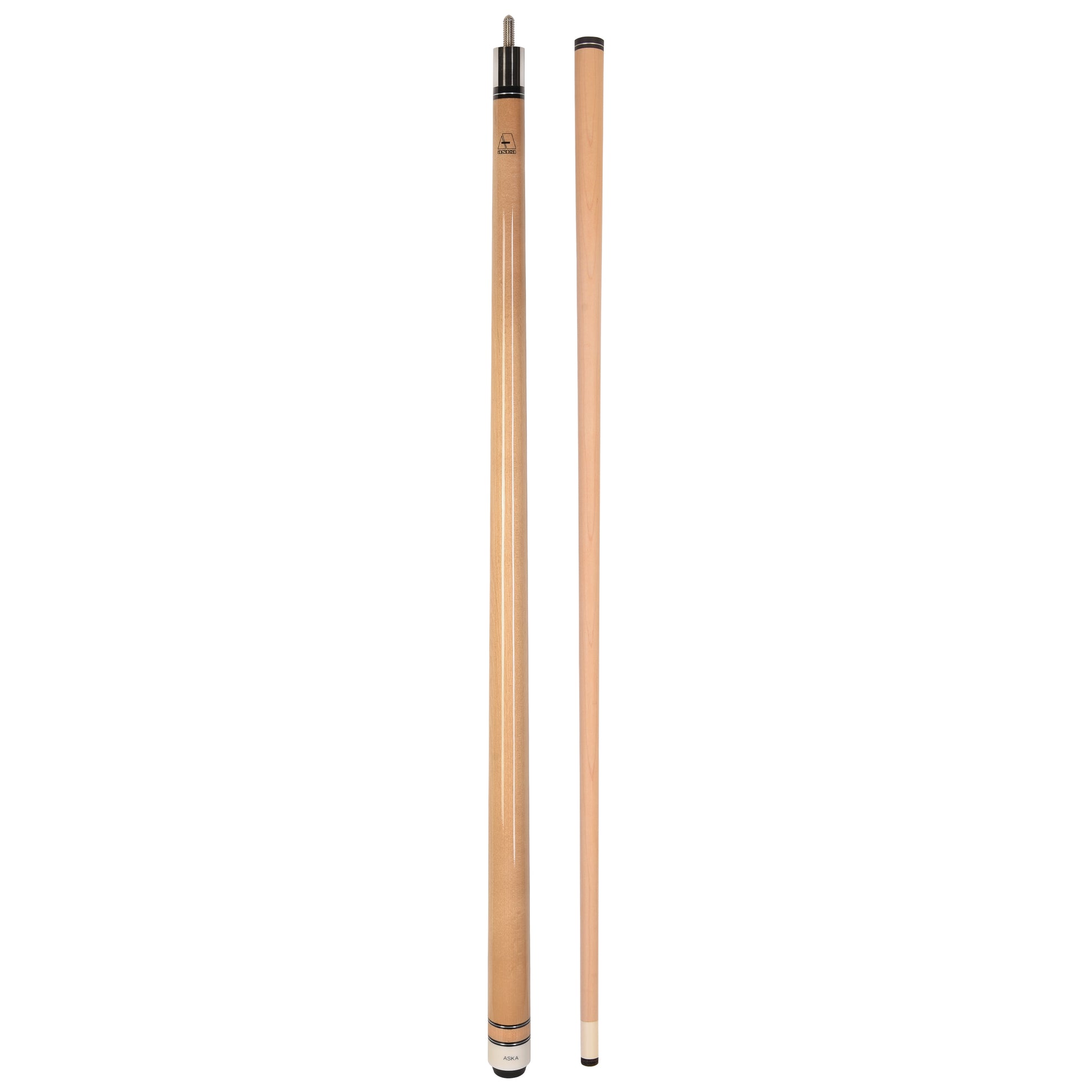 Full view of disassembled natural wood pool cue stick with shaft separated.
