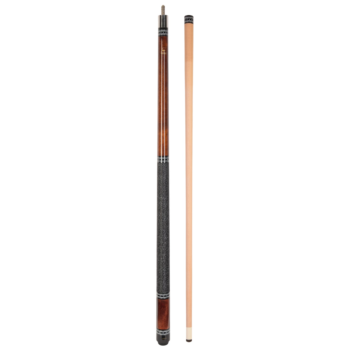 Angled view of a brown pool cue and separate shaft.
