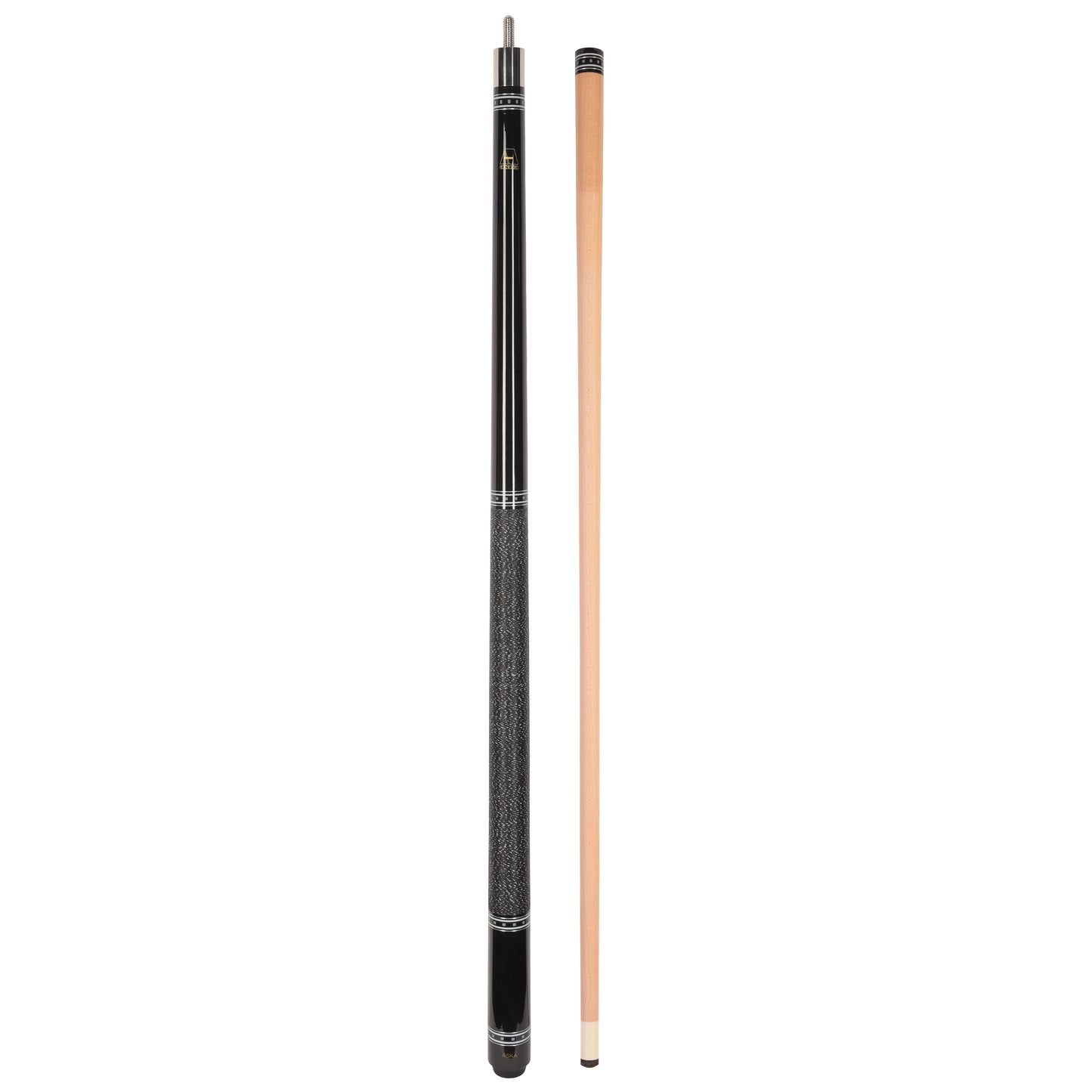 Pool cue and shaft separated, displaying full length