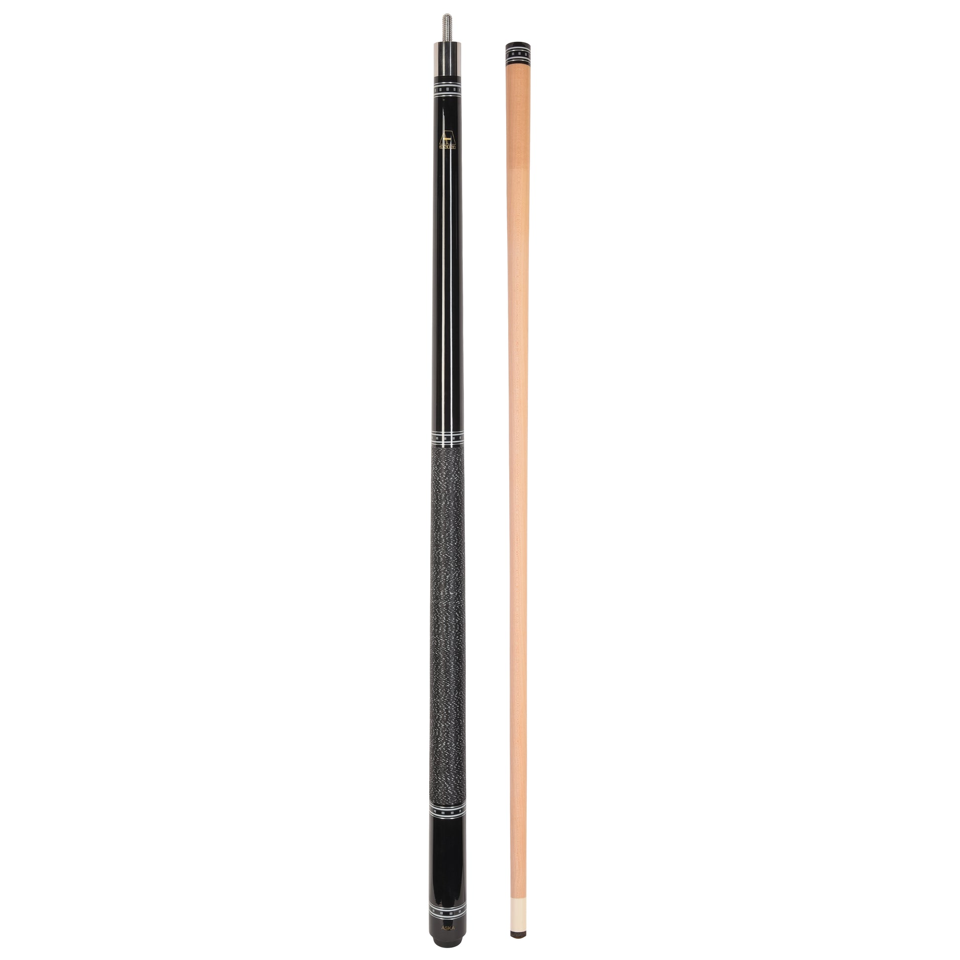 Pool cue and shaft separated, displaying full length
