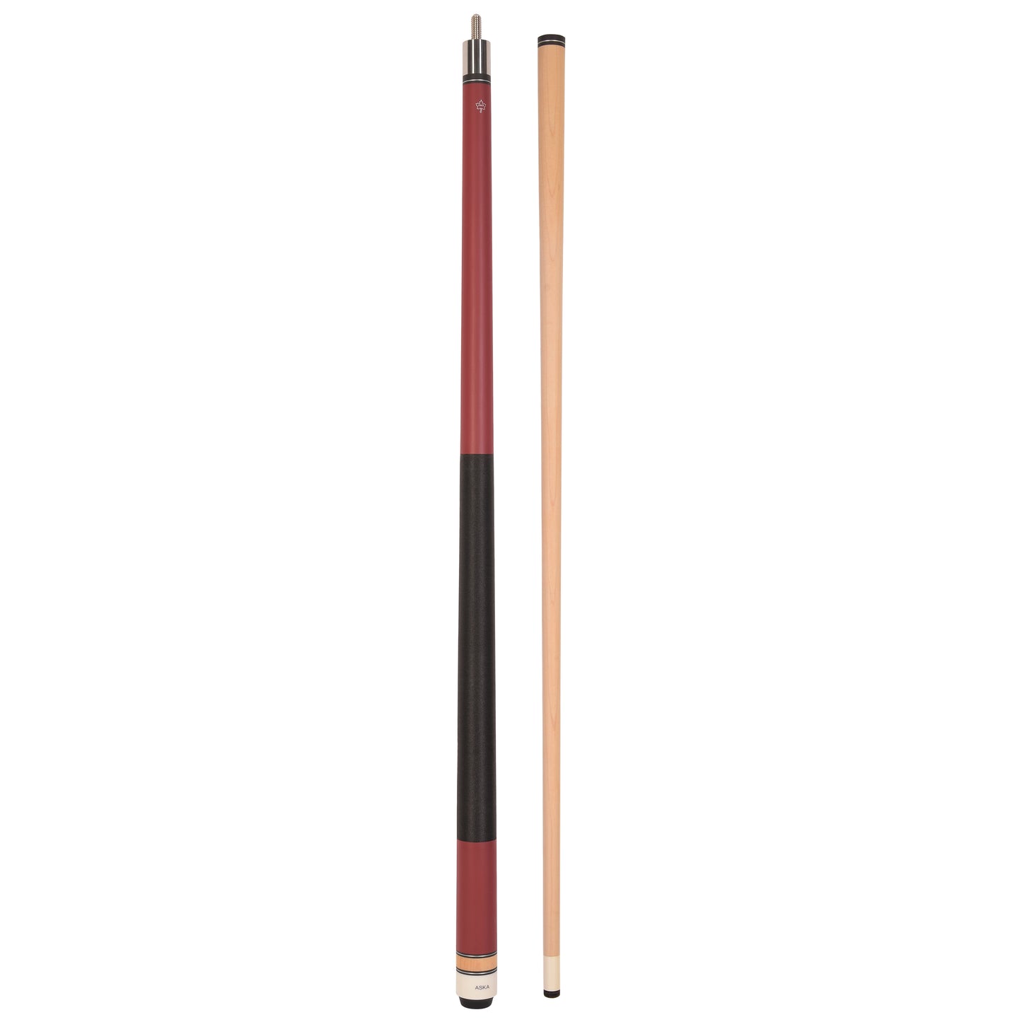 Matte red cue with natural wood shaft and black accent band.