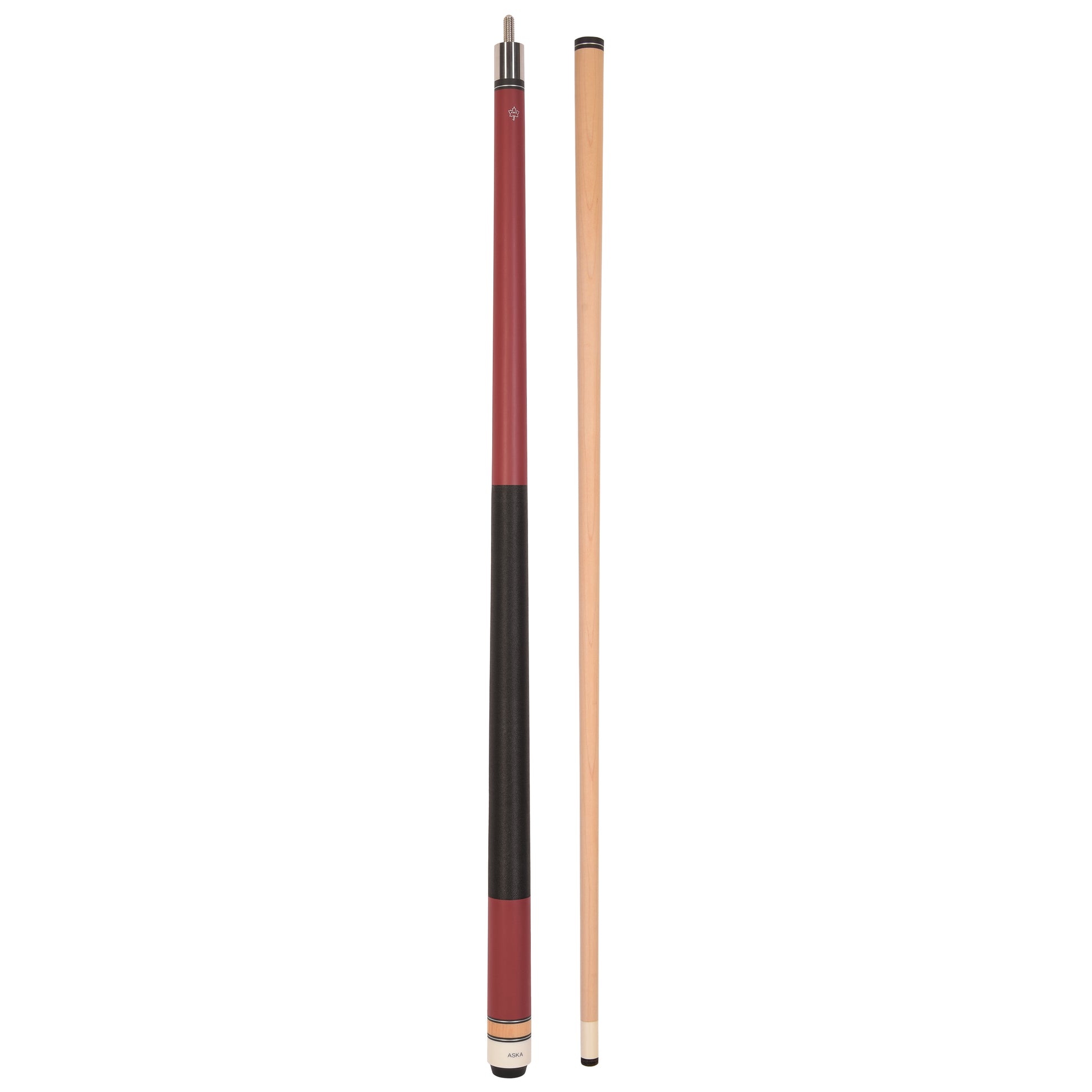 Matte red cue with natural wood shaft and black accent band.
