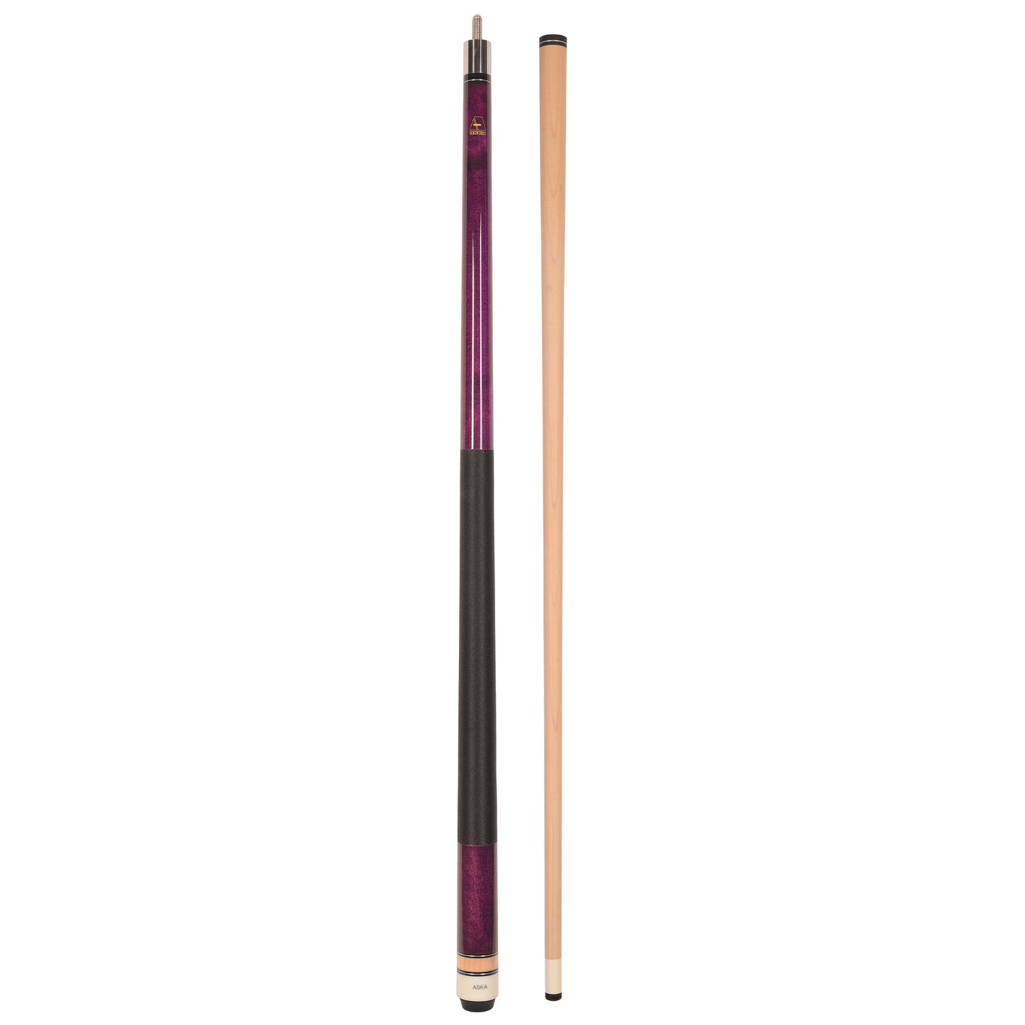 Full view of purple pool cue stick and detached maple shaft.