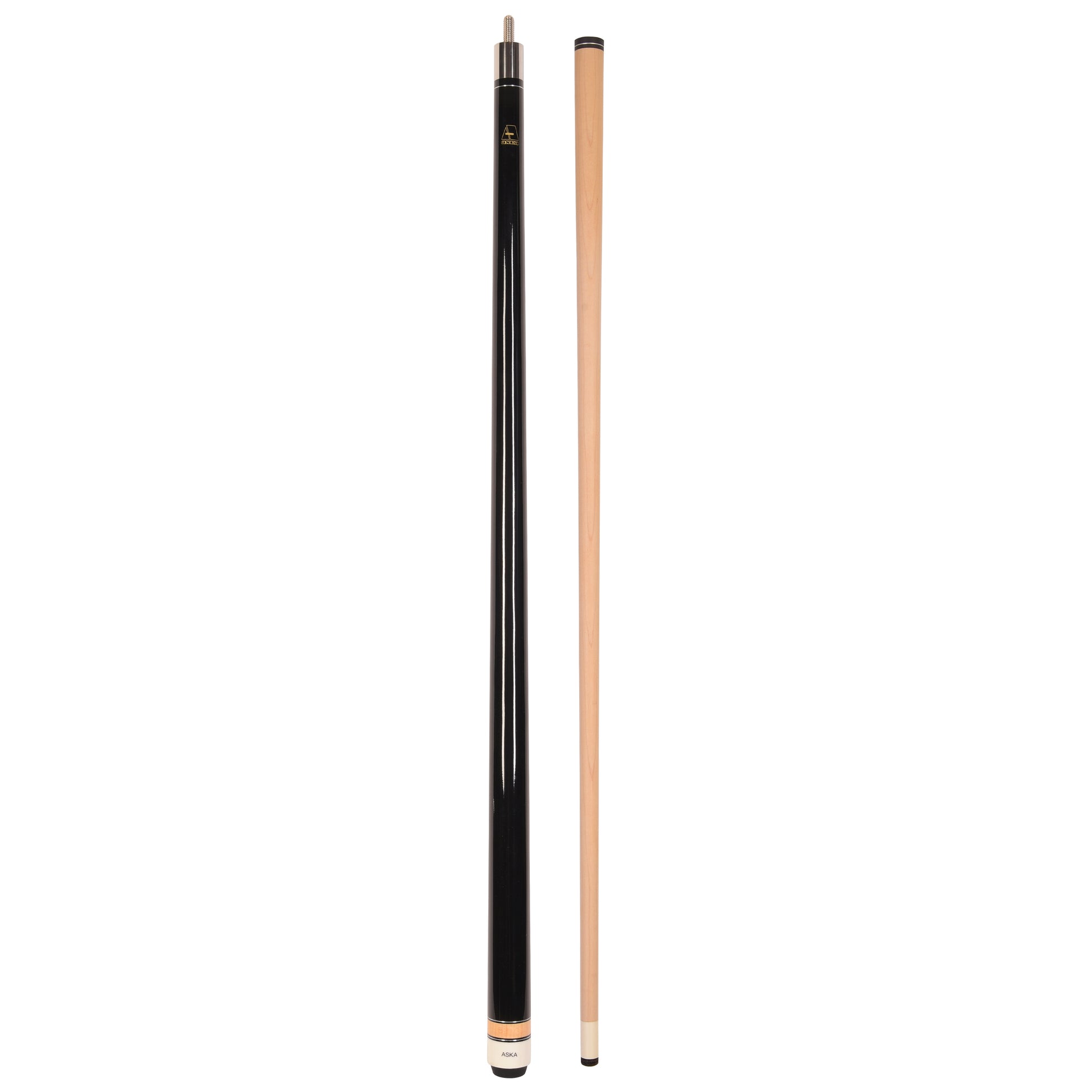 Full view of a black pool cue stick with its separate maple shaft.