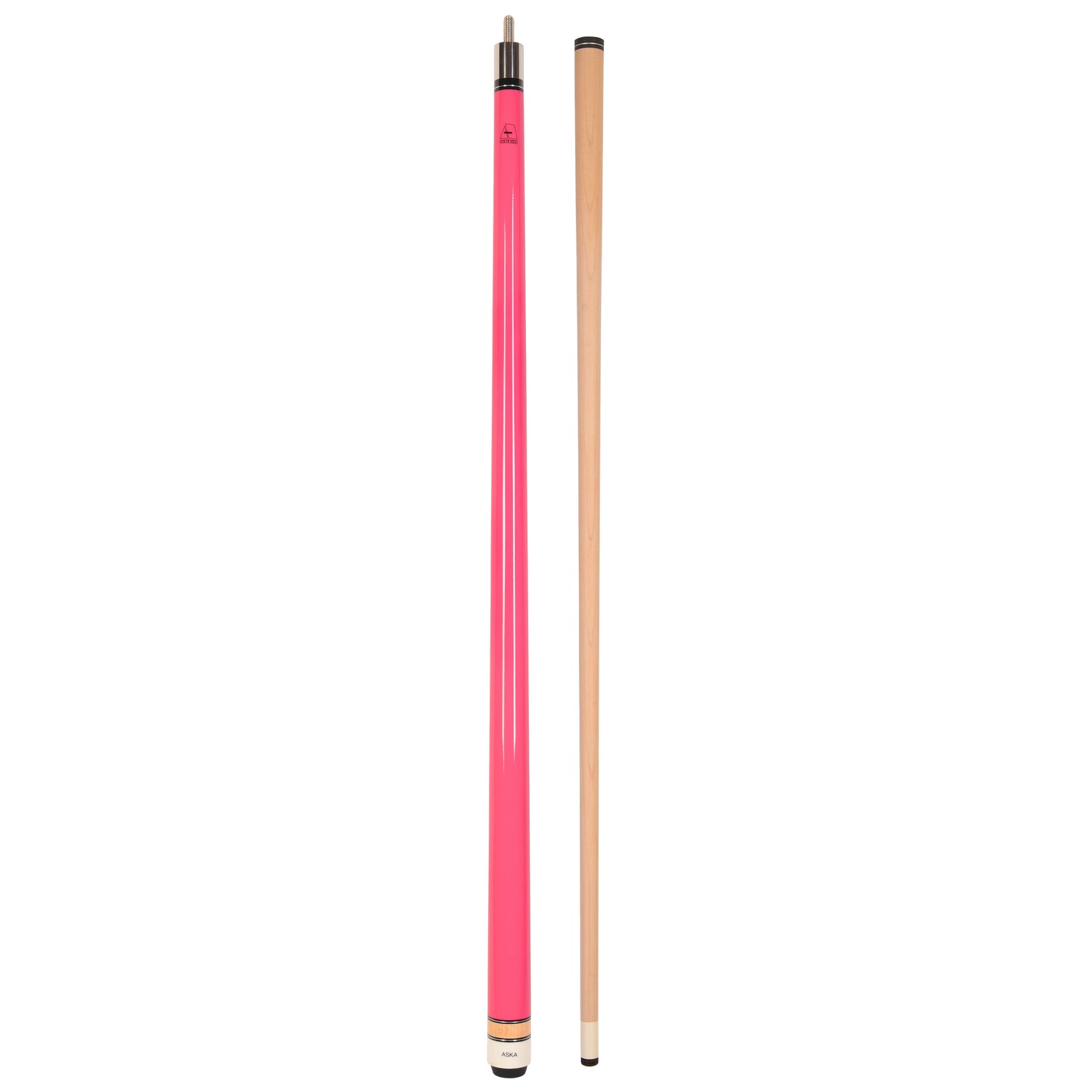 Full view of a pink pool cue and separate cue shaft.