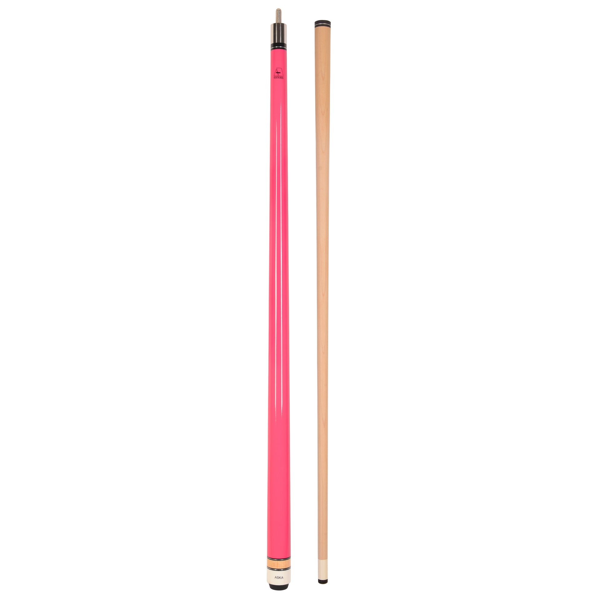 Full view of a pink pool cue and separate cue shaft.