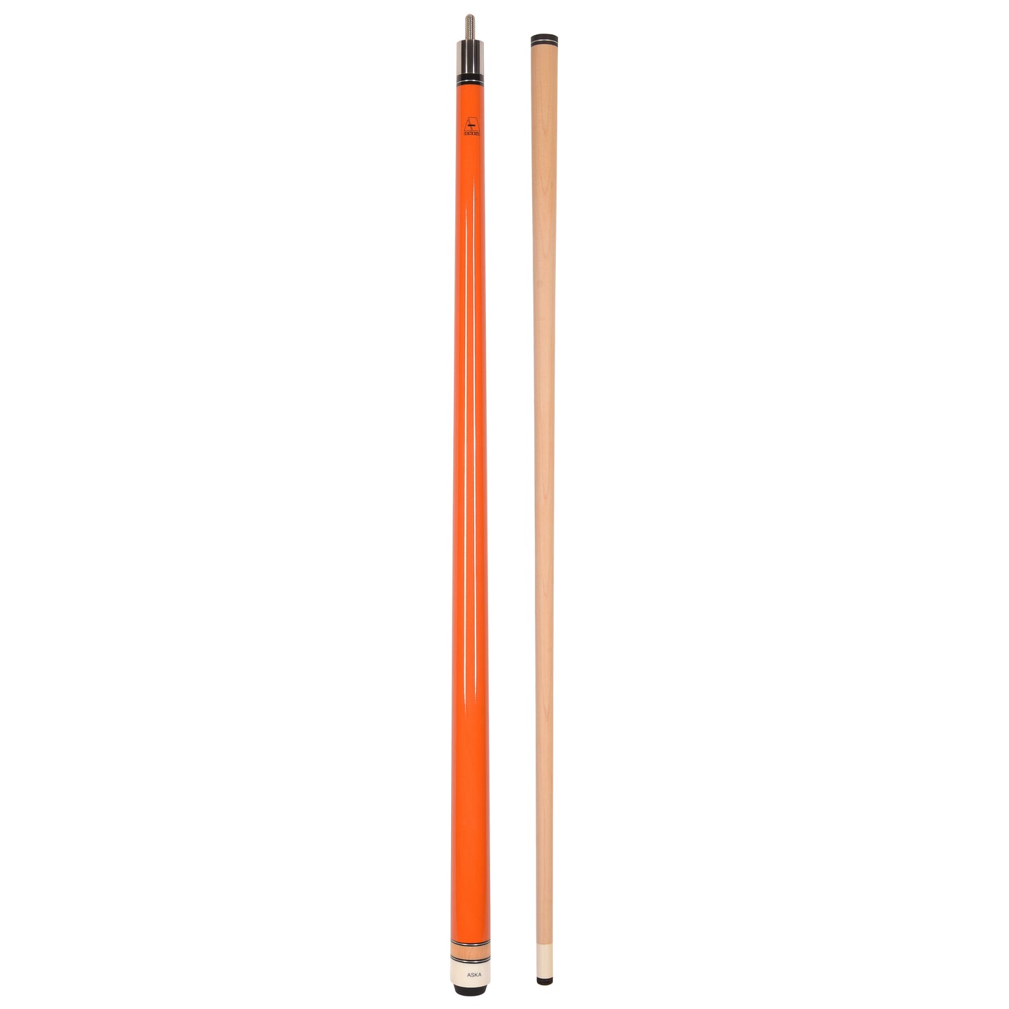 Full view of the orange pool cue stick and a separate cue shaft.