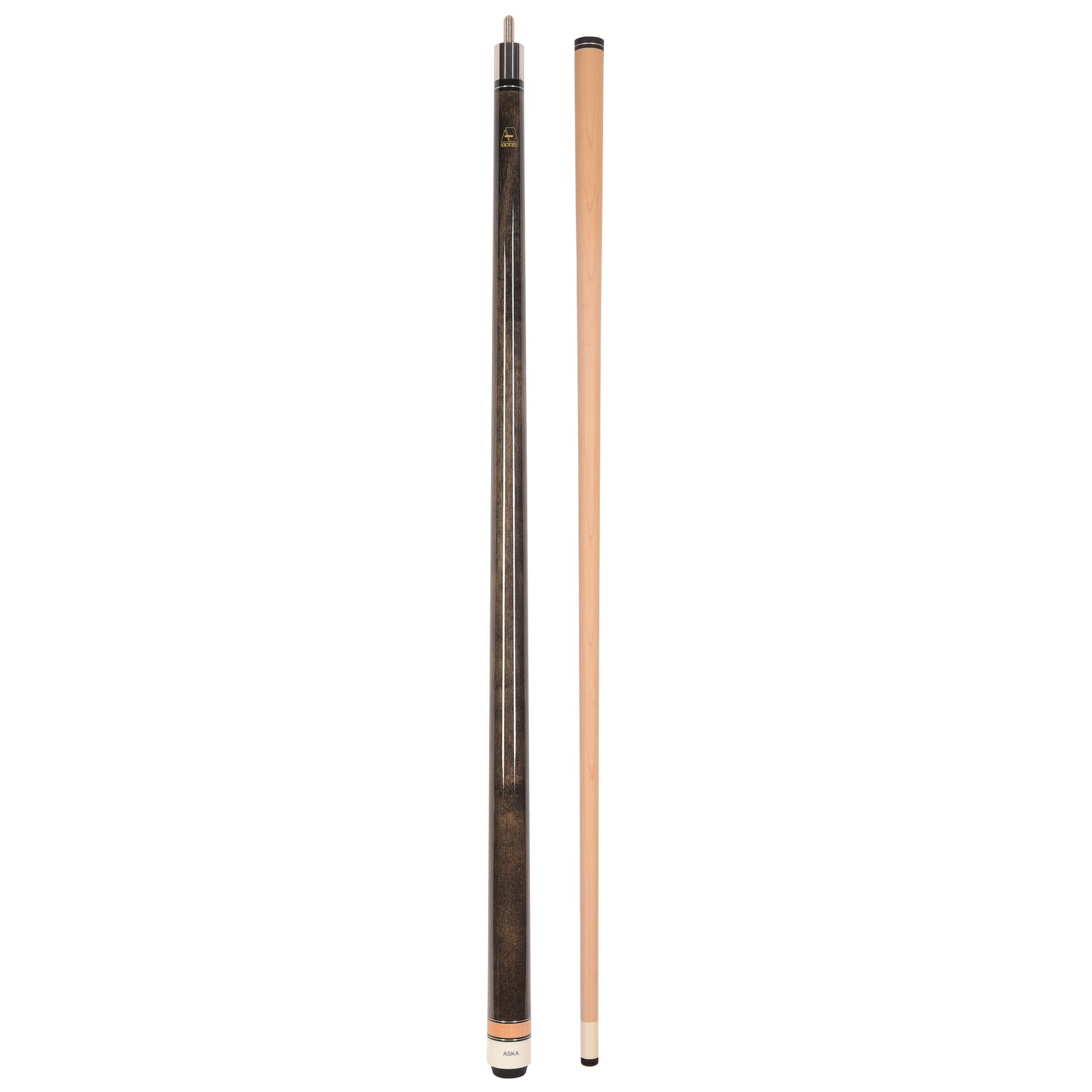 Full view of pool cue disassembled into butt and shaft.