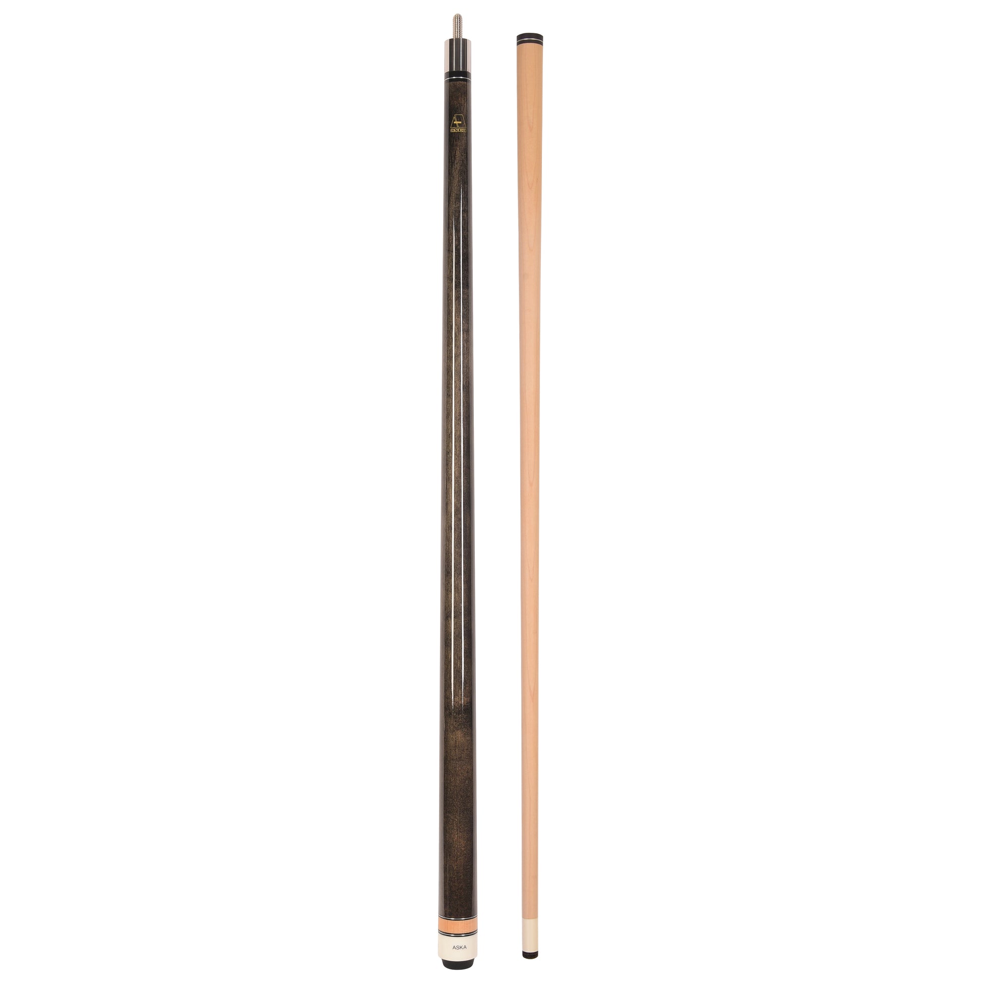 Full view of pool cue disassembled into butt and shaft.
