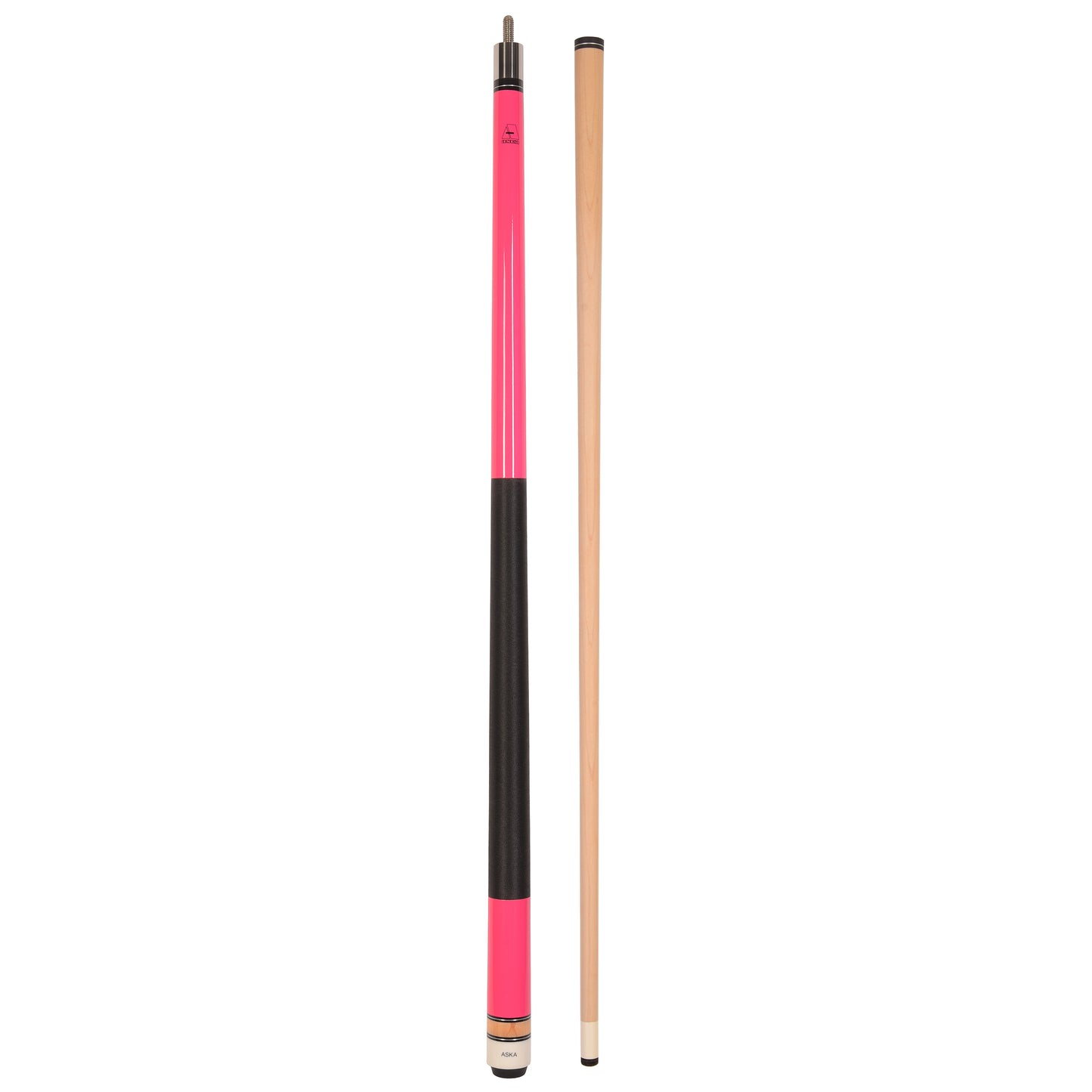 Full view of pink cue stick and separate maple shaft