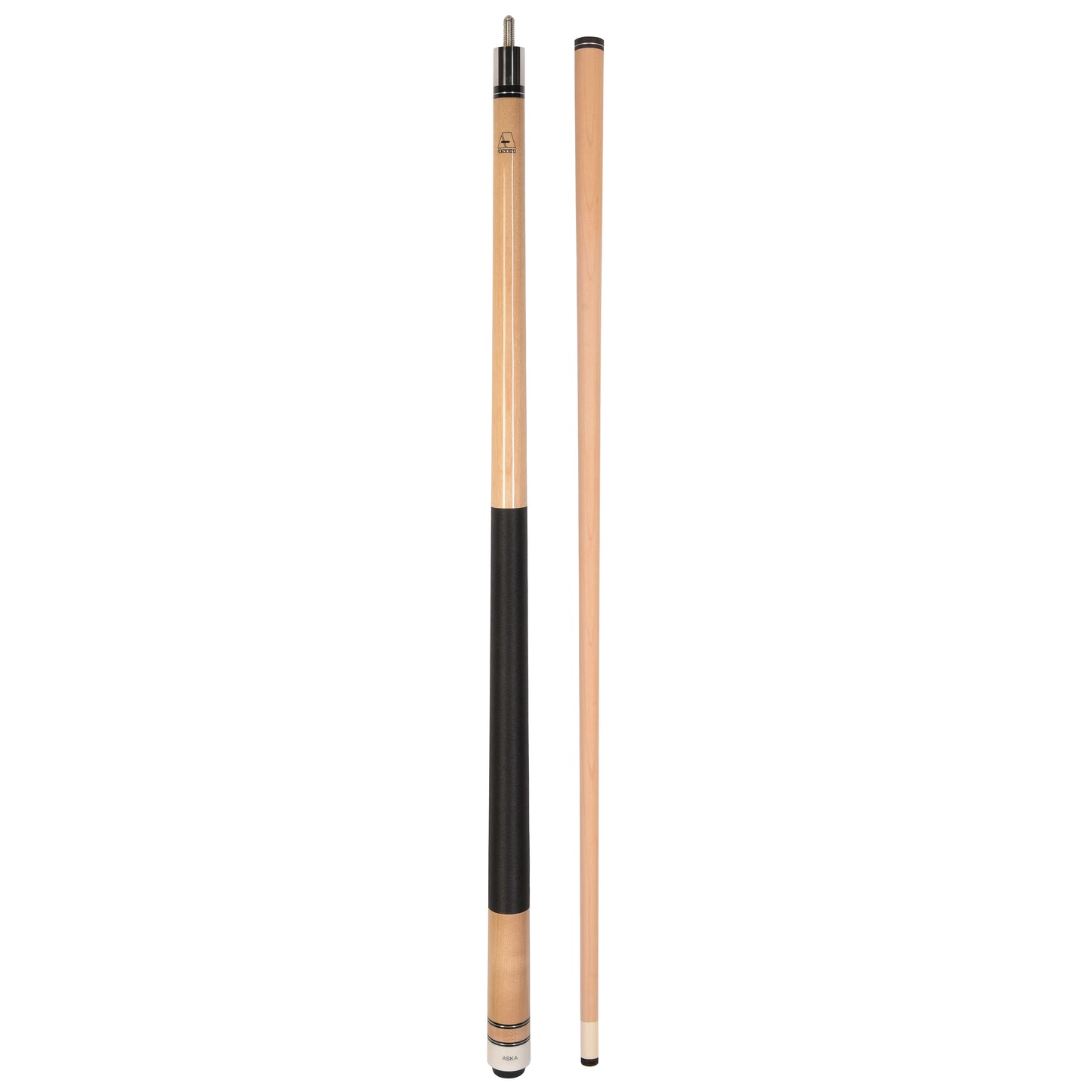 Full view of a two-piece pool cue stick with a separate shaft.