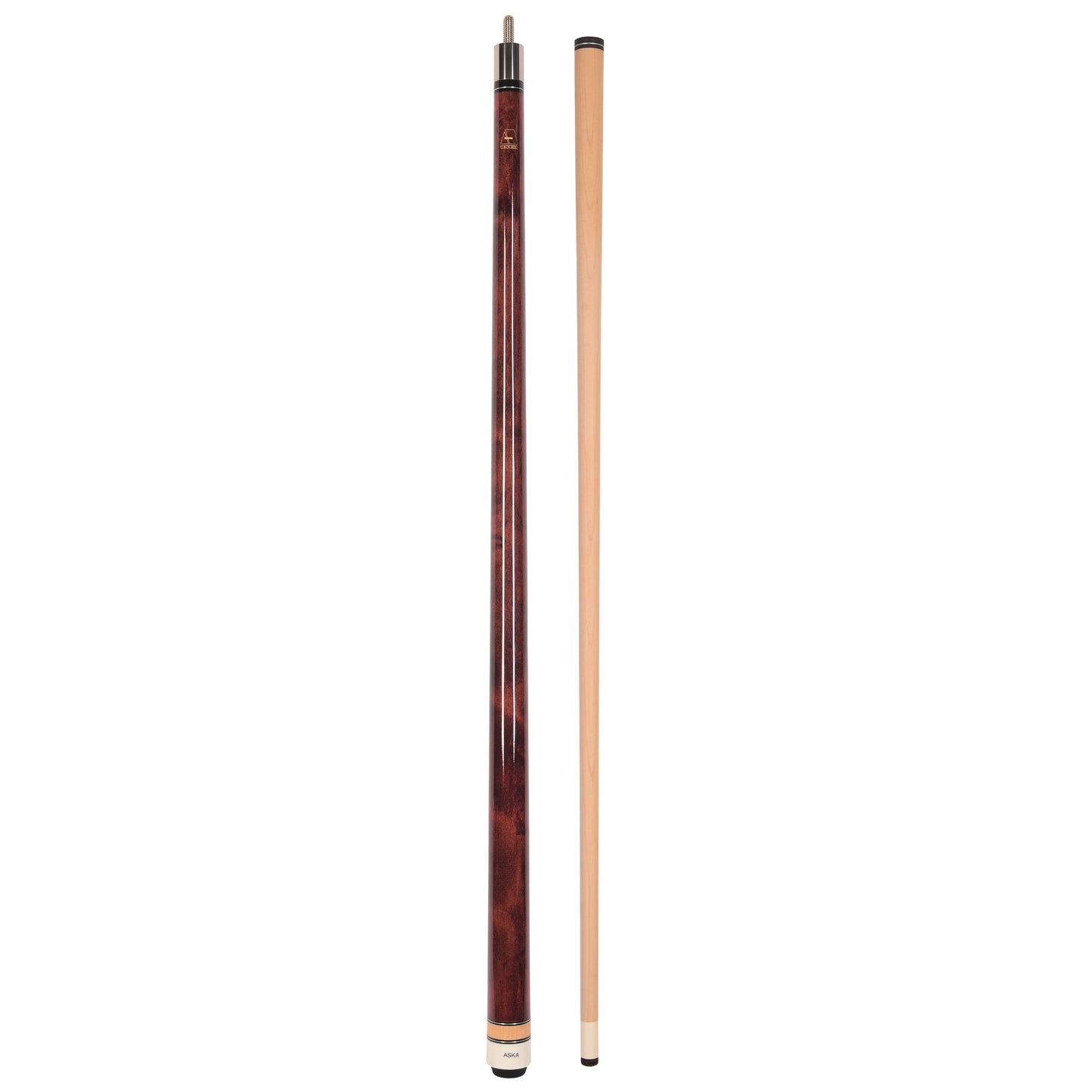 Two-piece pool cue stick with maple shaft separated from butt section.