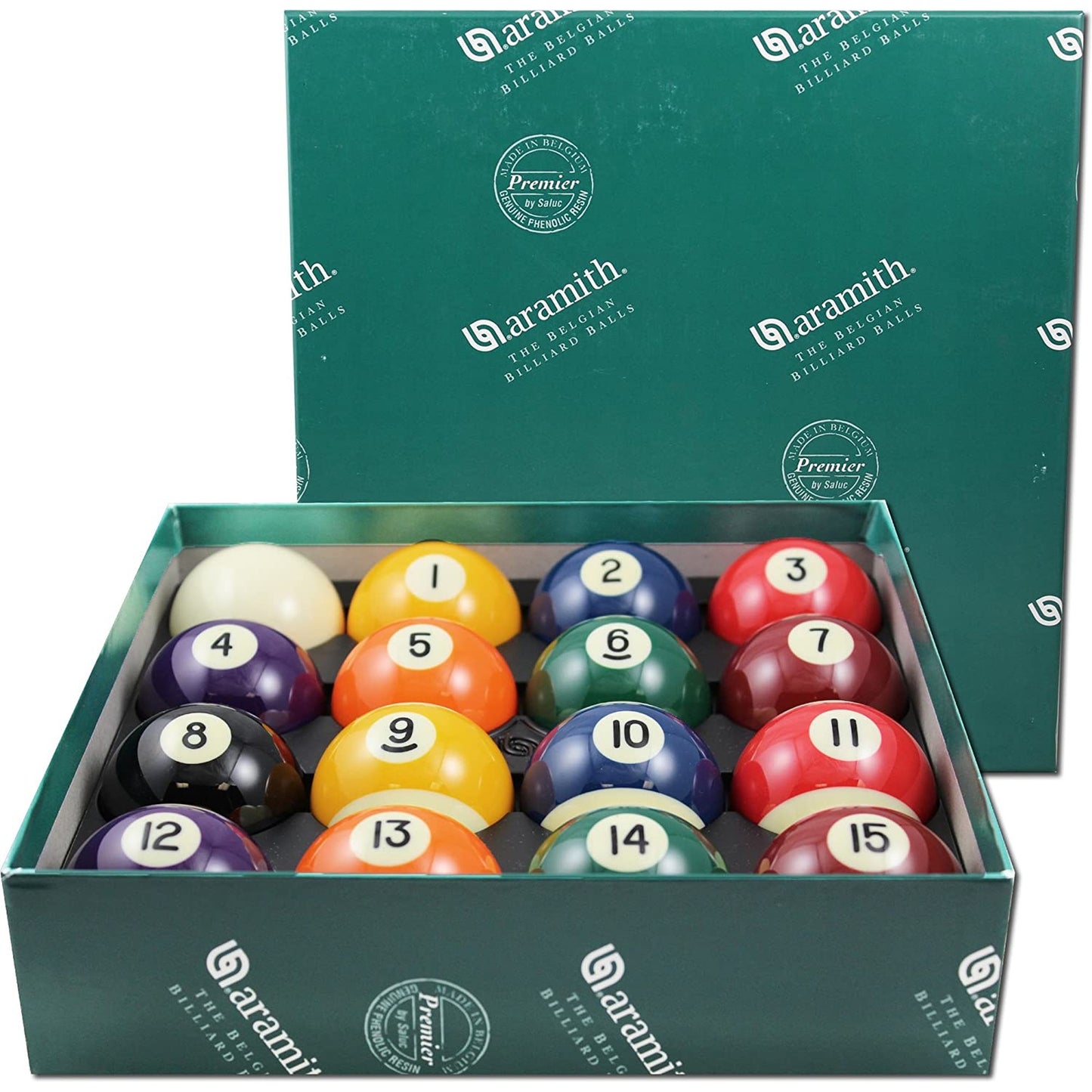 Aramith Premier billiard balls, full set of 16 balls showing solids, stripes, and cue ball. billiard pool cue stick by ASKA