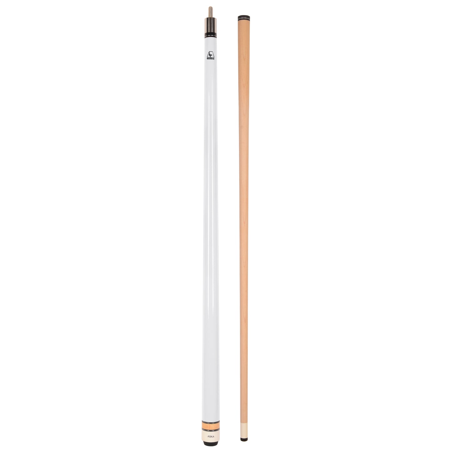 White pool cue stick with separate maple shaft shown full length.