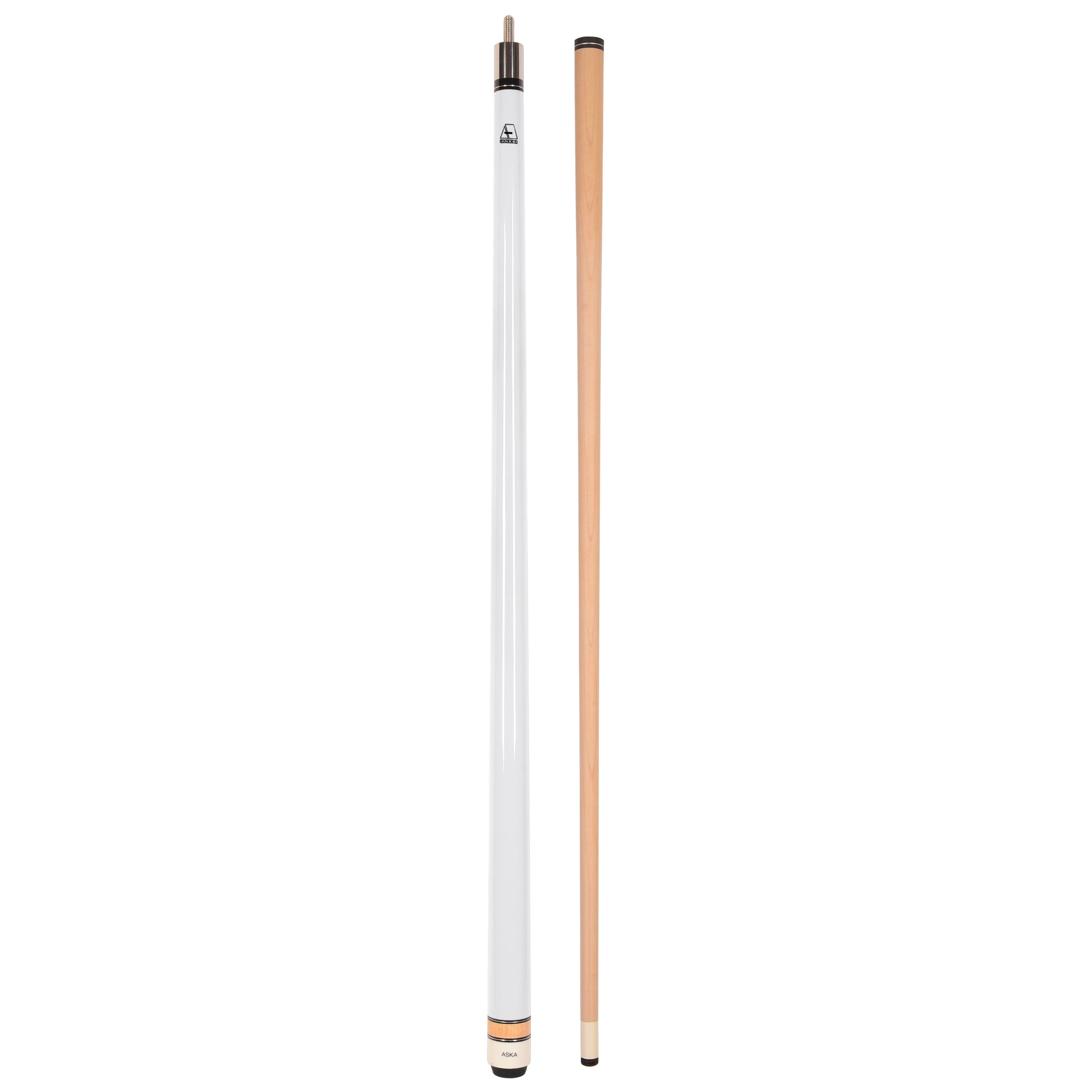 White pool cue stick with separate maple shaft shown full length.