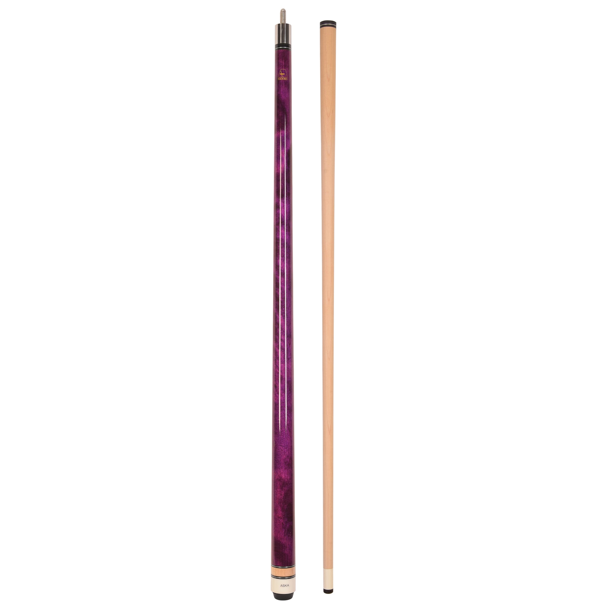 Full view of purple pool cue stick and separate cue shaft.