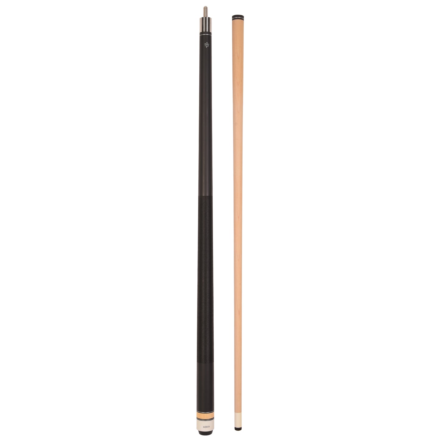Two-piece pool cue stick separated, showing butt and shaft.