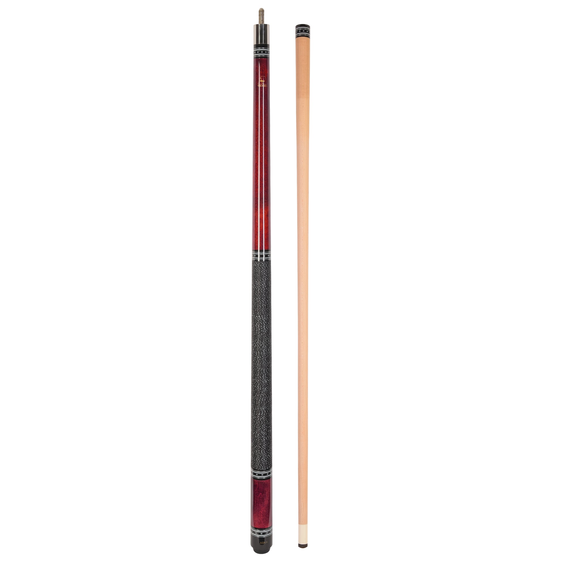 Red pool cue and separate shaft laid out.