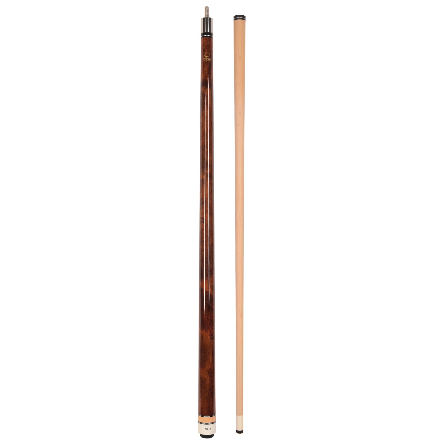 Two piece pool cue shown fully assembled and separate.