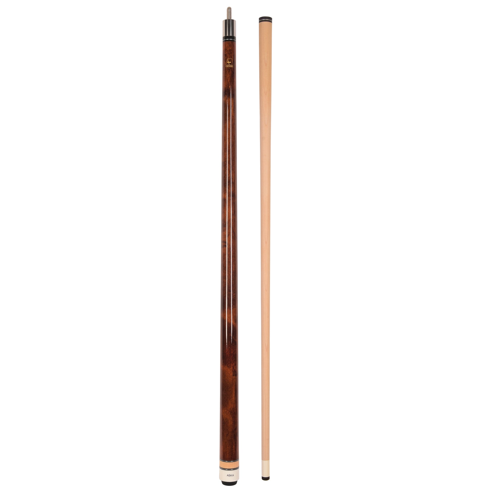 Two piece pool cue shown fully assembled and separate.
