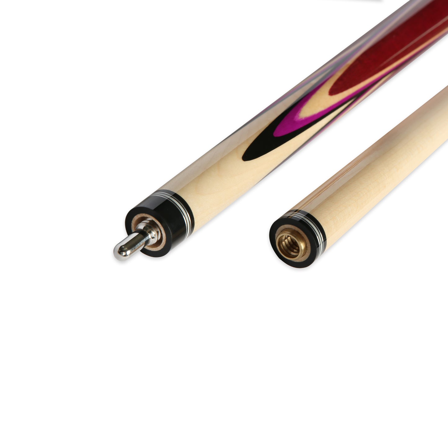 Angled view of the jump cue's joint, highlighting the connection mechanism.
