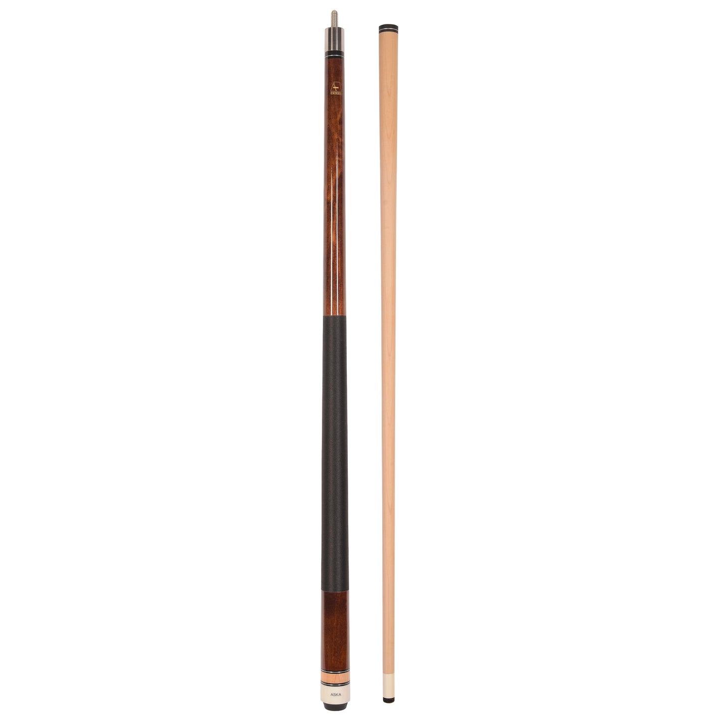 Full view of a two-piece pool cue with brown butt and light wood shaft