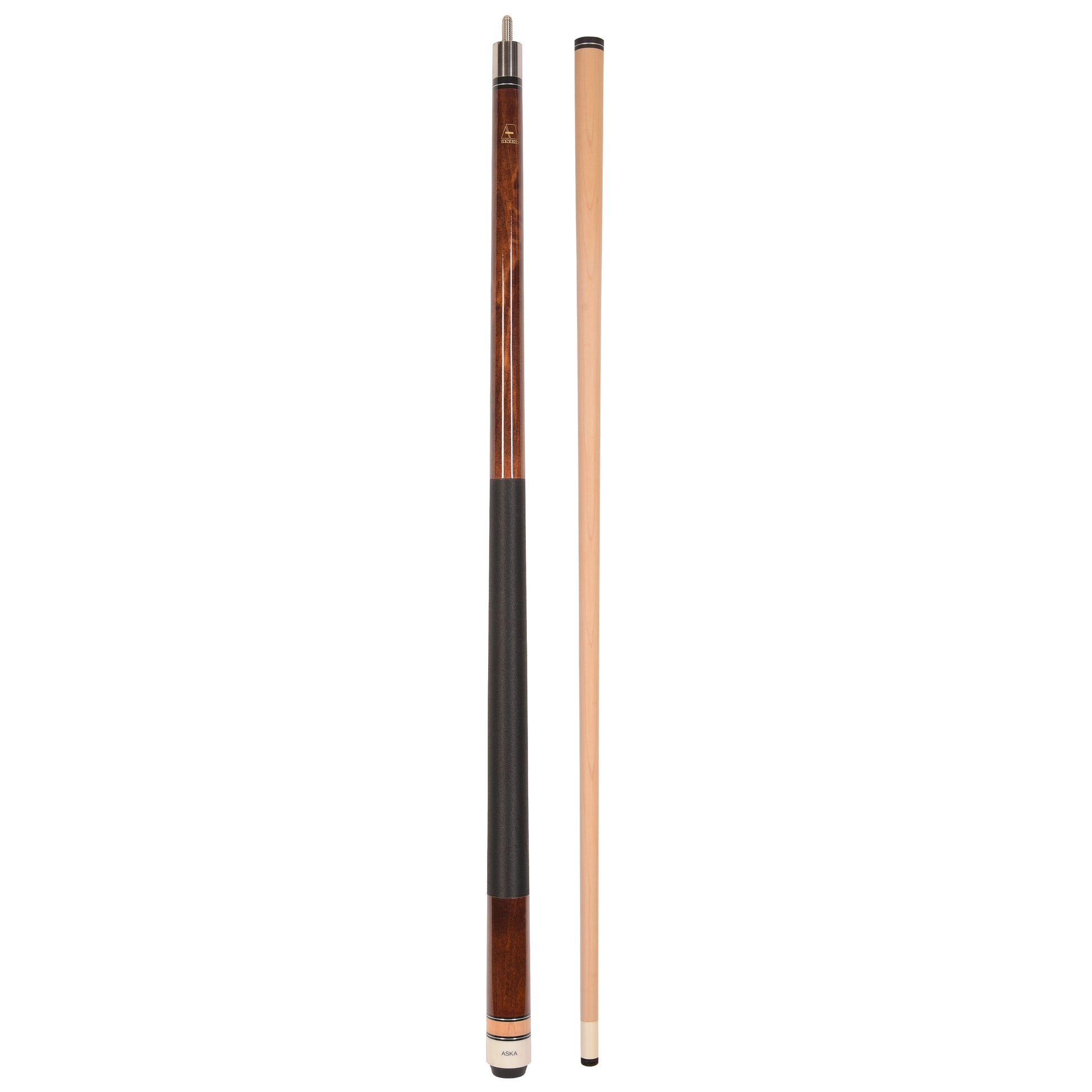 Full view of a two-piece pool cue with brown butt and light wood shaft