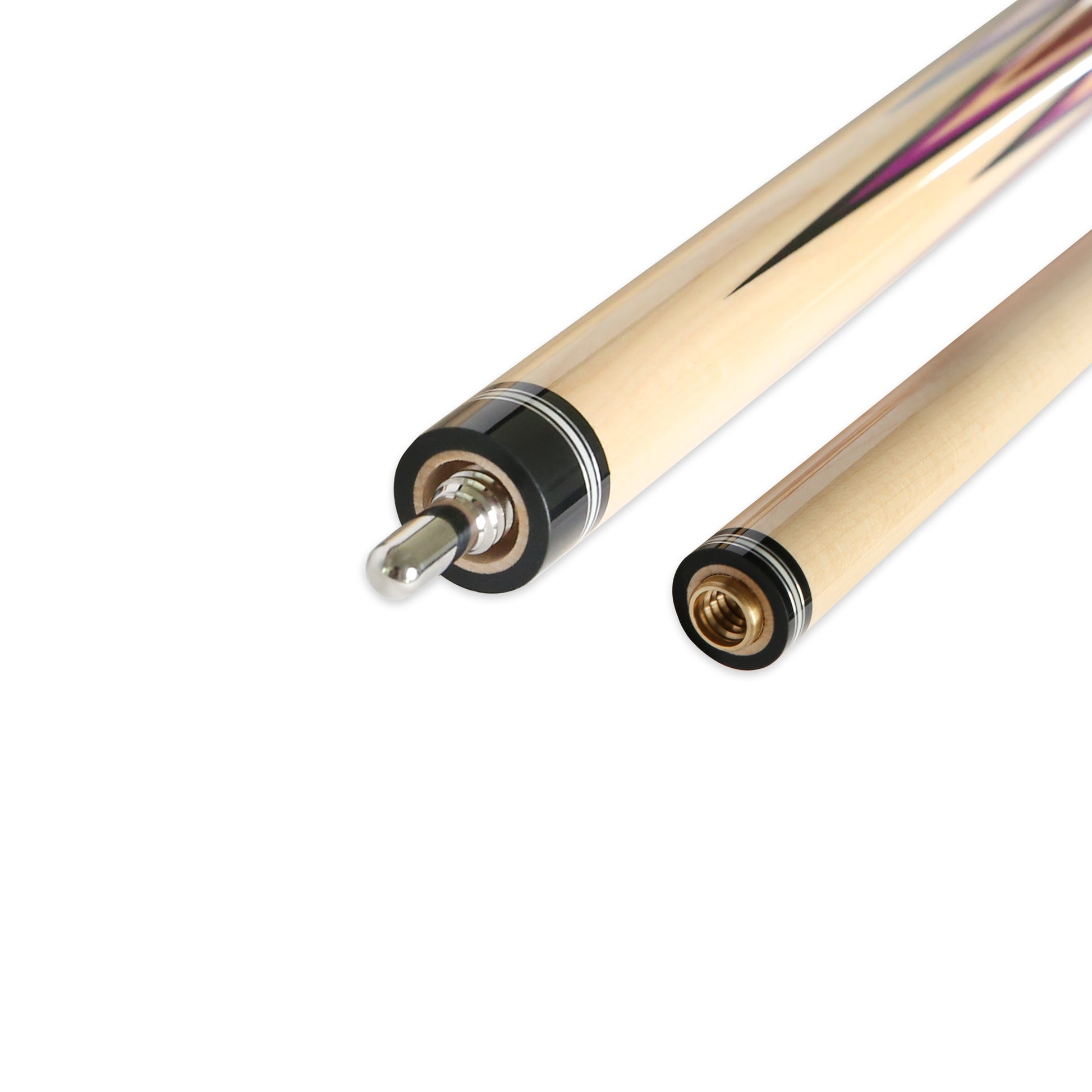 Angled view of the cue's quick-release joint and ferrule system.