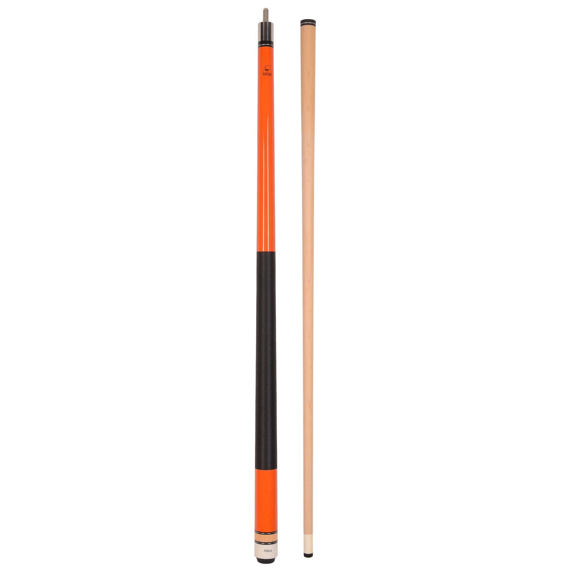 Full view of the orange pool cue and separate maple wood shaft.